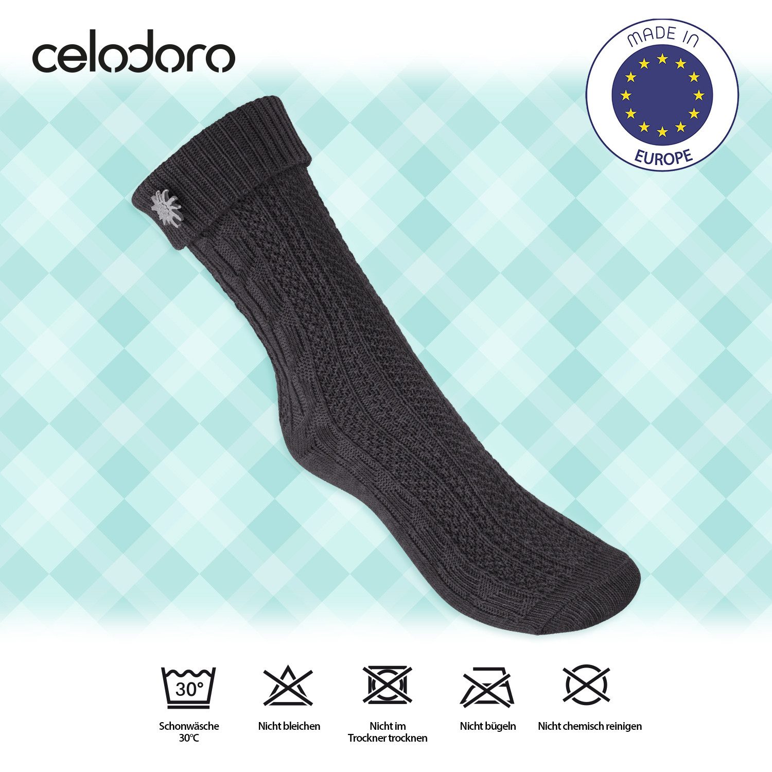 celodoro Trachtensocken Trachten Socken (2 Paar) mit Edelweiß-Pin für Damen & Herren