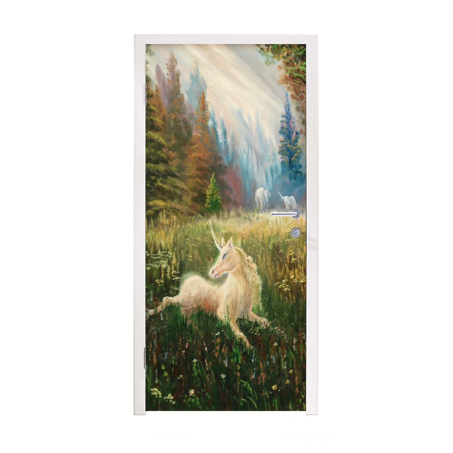 MuchoWow Türtapete Eine Illustration eines Einhorns in einem Wald - Mädchen - Kinder -, Matt, bedruckt, (1 St), Fototapete für Tür, Türaufkleber, 75x205 cm