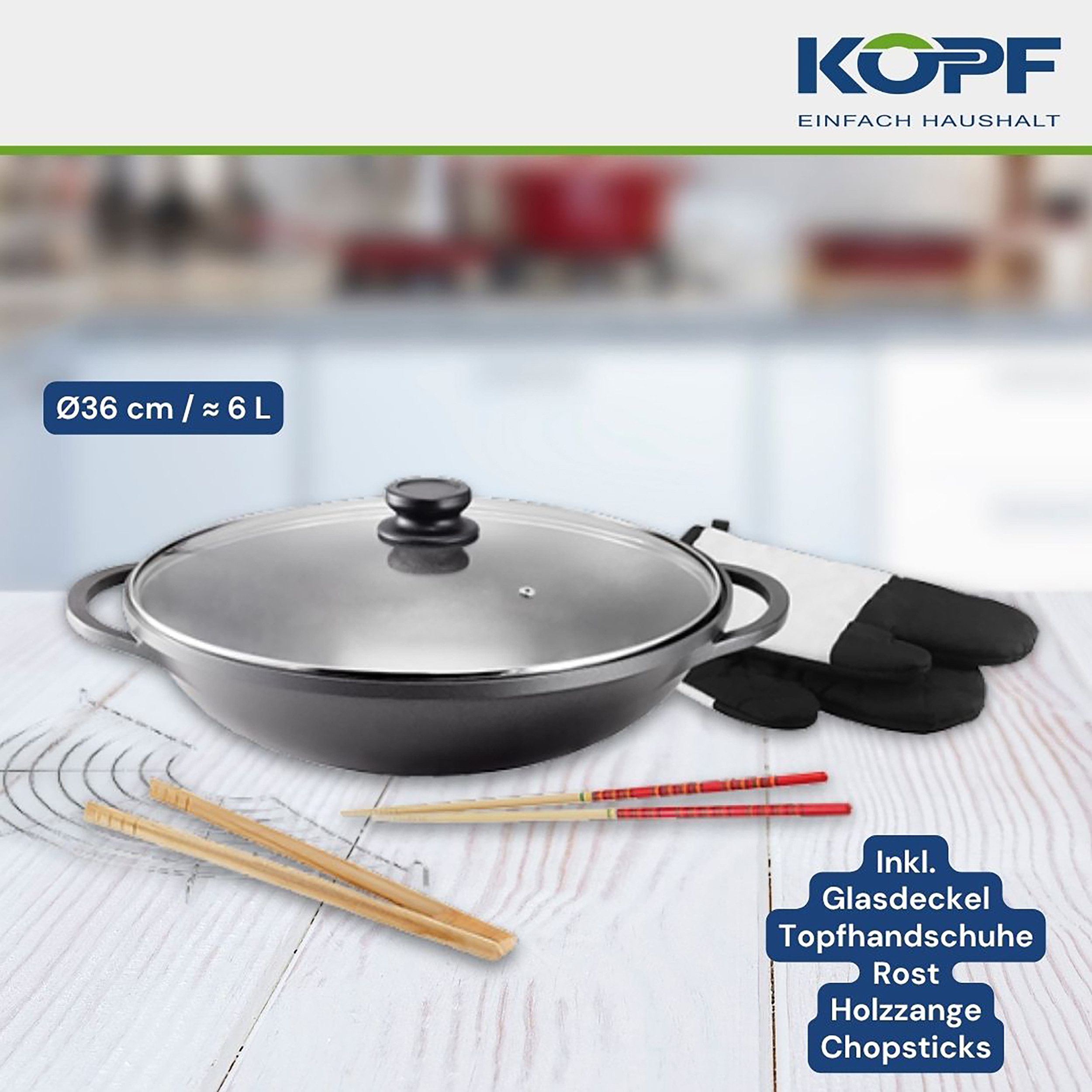 Kopf Wok Mai-Lu, Aluminiumguss, Ø 36 cm, Induktion, Antihaftbeschichtung, inkl. Glasdeckel & Zubehör