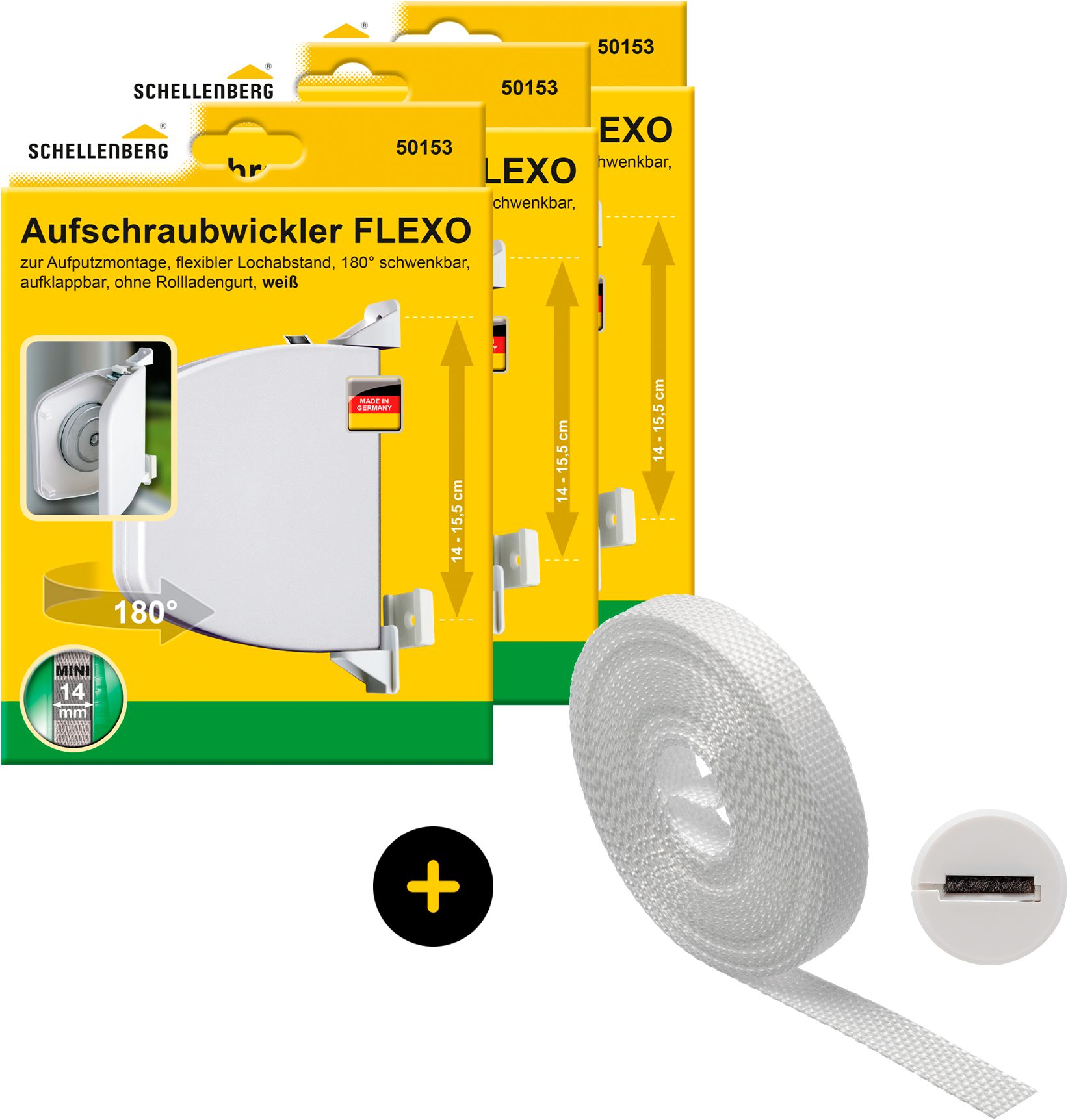 SCHELLENBERG Aufputz-Gurtwickler Flexo Rollladensystem Mini, inkl. Gurt weiß und Gurtführung, Set, 3-tlg., Aufschraubwickler aufklappbar, höhenverstellbar, 180° schwenkbar weiß