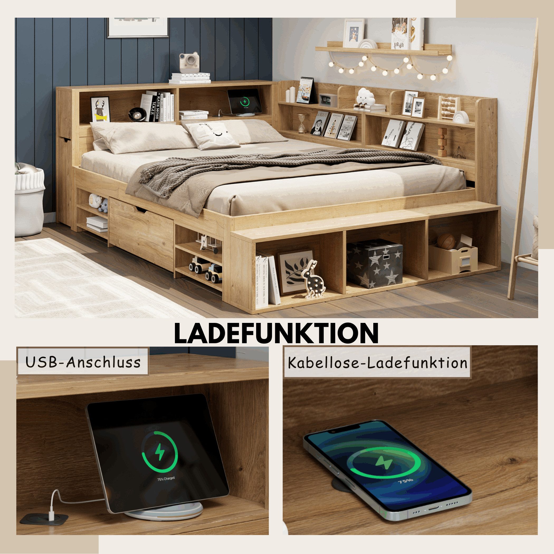 SeedWave Holzbett Tagesbett mit USB- / Kabelloser-Ladefunktion, Nachttisch, 90/140×200cm, Stauraumbett mit 1× Rollenschublade, Staufächern – Bild 3 von 5