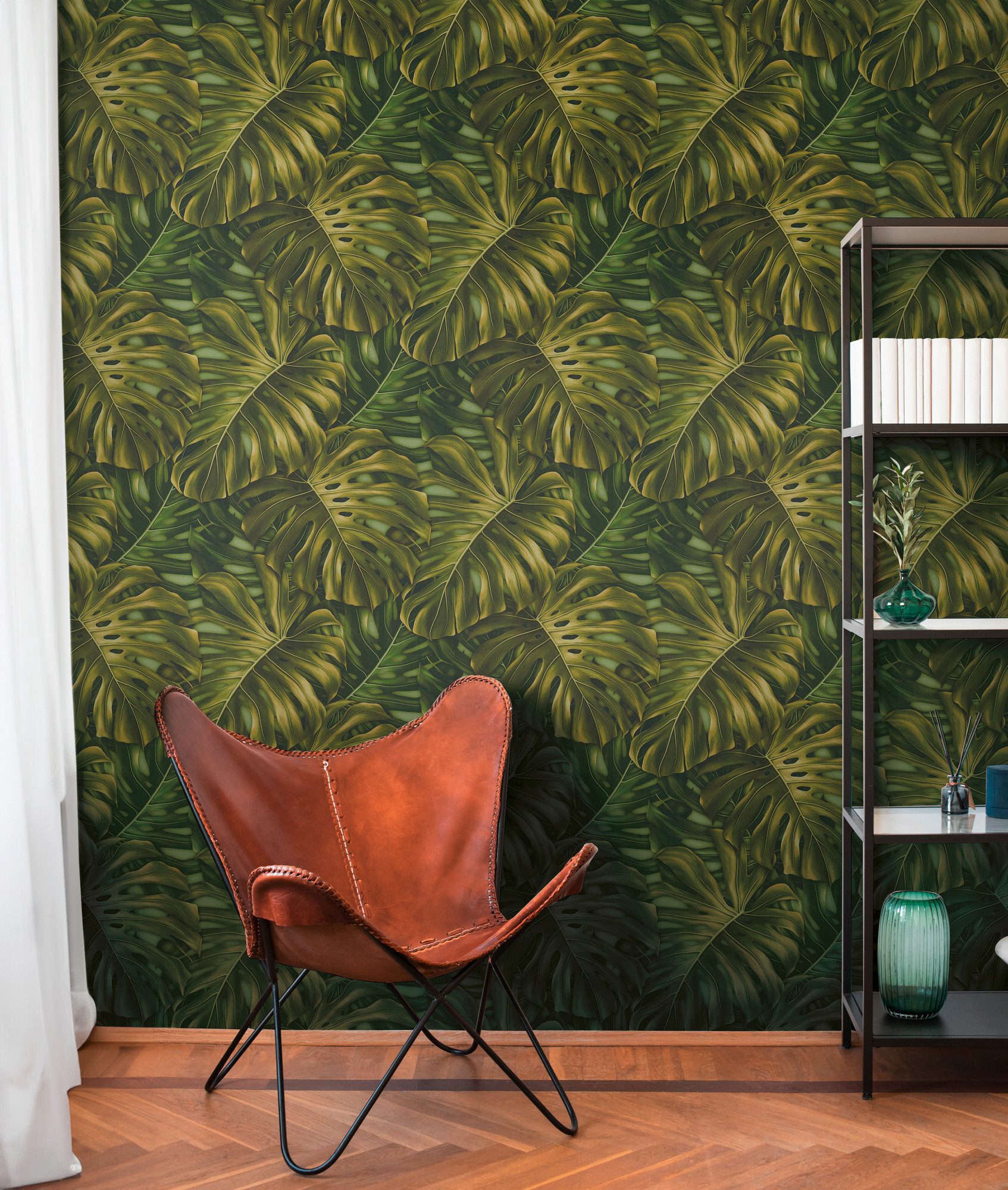 A.S. Création Vliestapete PintWalls II Dschungel-Tapete Mustertapete Palmenblätter Natur, strukturiert, matt, (1 St), Vliestapete floral für Schlafzimmer Küche Wohnzimmer Dschungel Design