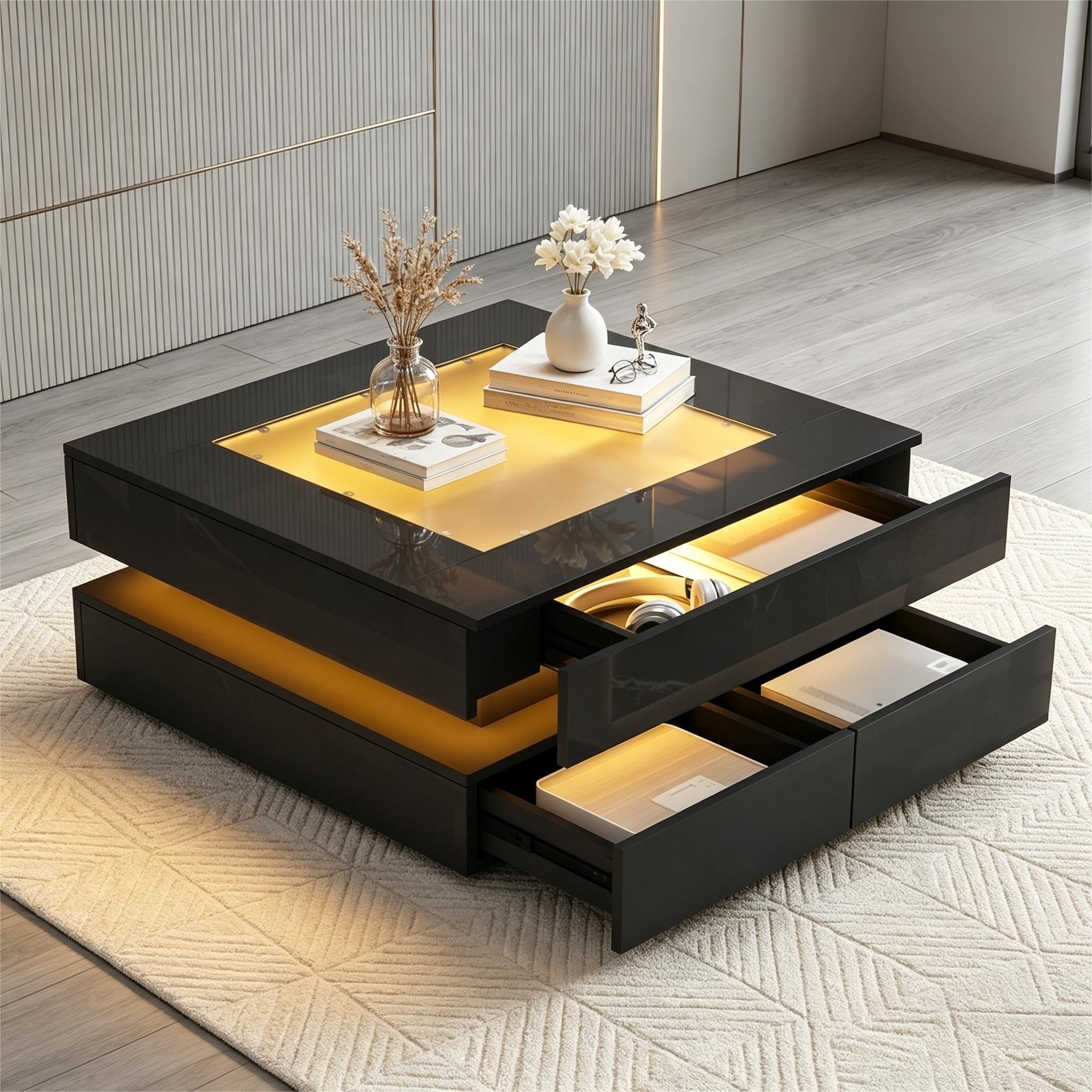Merax Couchtisch hochglanz Sofatisch Beistelltisch mit LED-Beleuchtung (1-St), Wohnzimmertisch mit Glasplatte und 3 Schubladen, 70x70x35cm