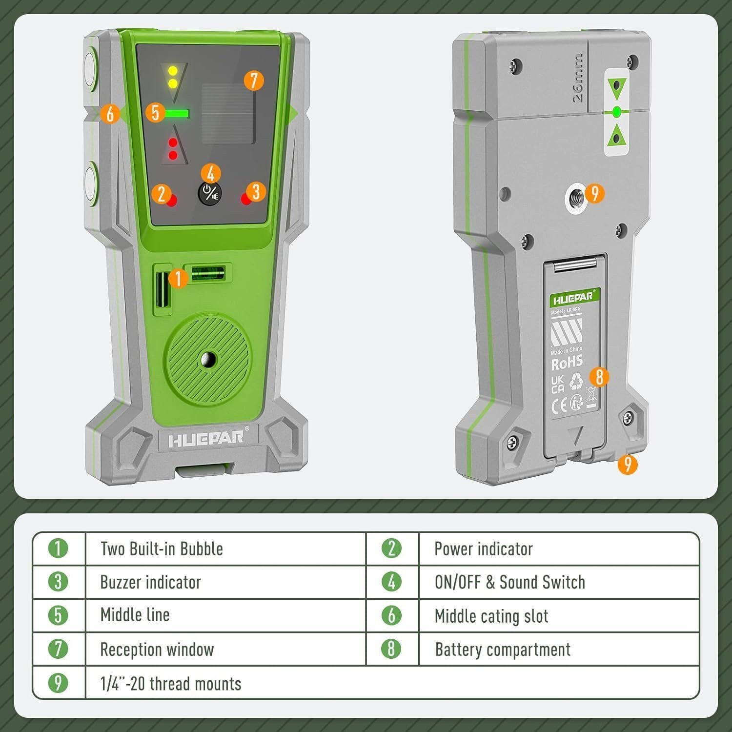 Huepar Kreuzlinienlaser Huepar LR-8RG Laserdetektor Digital Laserempfänger, (1 St)