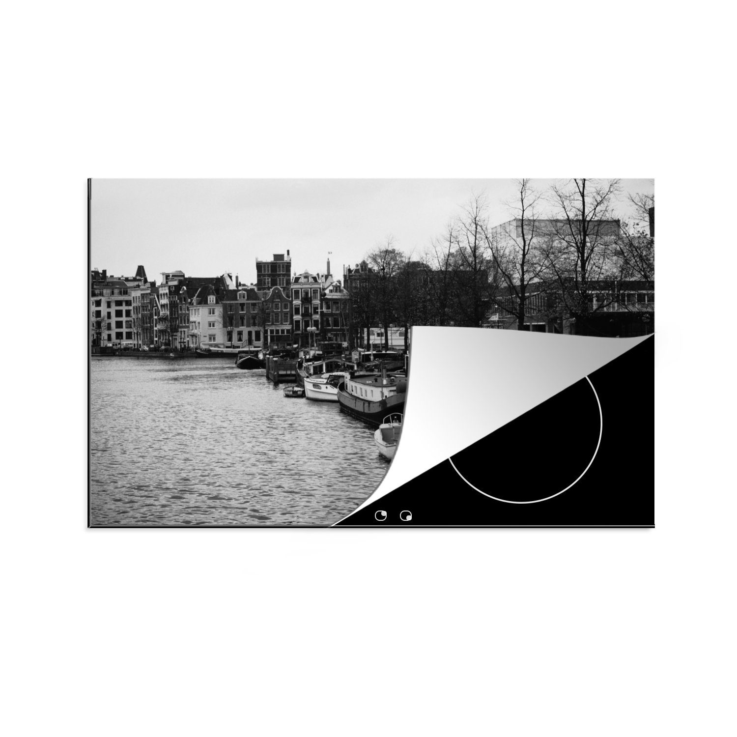 MuchoWow Herdblende-/Abdeckplatte Gracht in Amsterdam - Schwarz - Weiß, Vinyl, (1 tlg), 81x52 cm, Induktionskochfeld Schutz für die küche, Ceranfeldabdeckung
