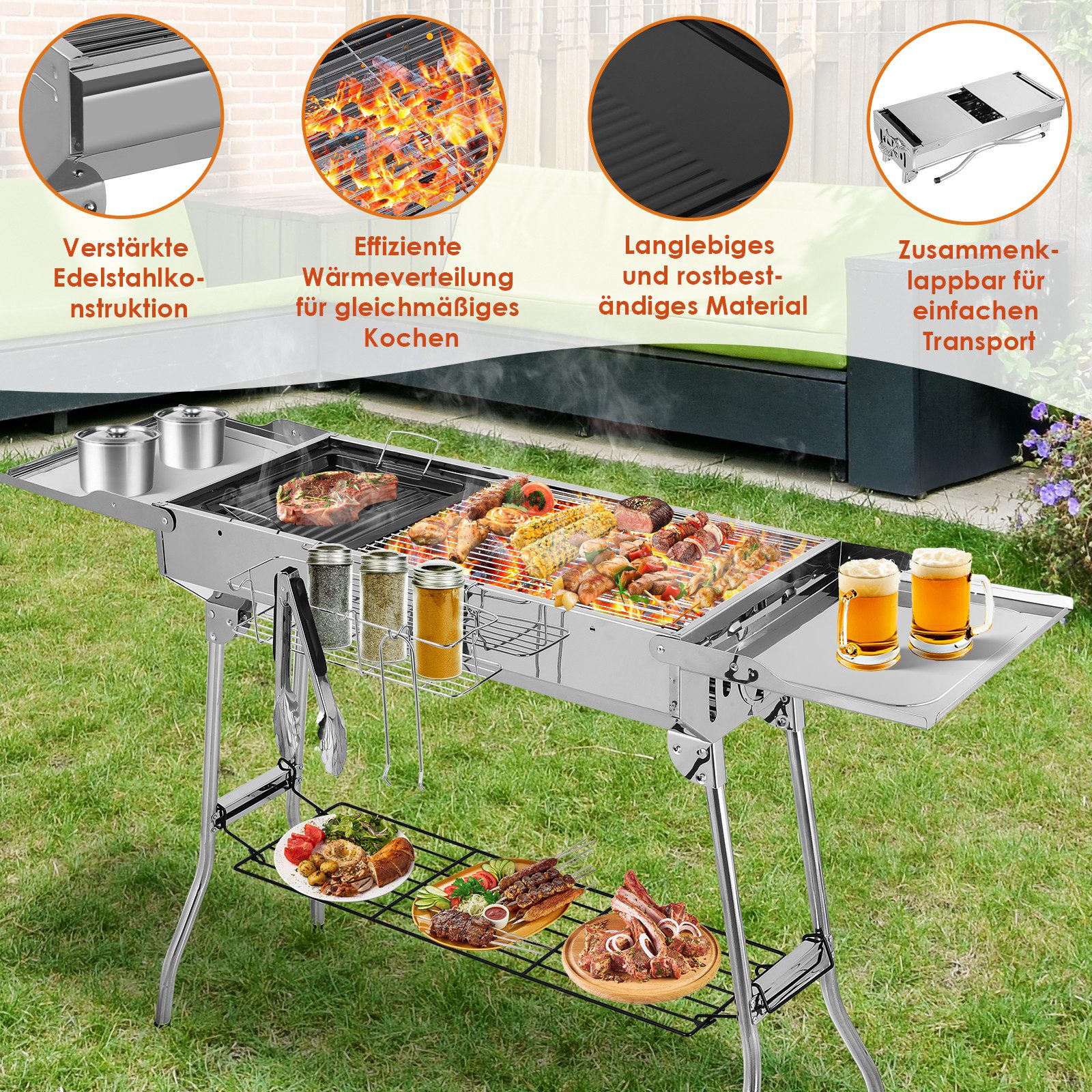 TLGREEN Holzkohlegrill BBQ Charcoal Grill mit Antihaft-Pfanne, Klappgrill Edelstahl mit gusseisenpfanne,Tragbar Camping Grill