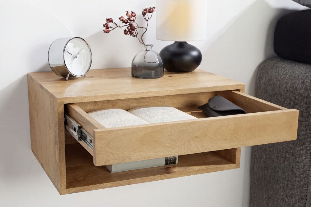 riess-ambiente Nachttisch PURE 50cm natur - Mangoholz, cream finish, Wandregal, Schublade, Fach (Einzelartikel, 1-St), Minimalistische Ablage mit Stauraum – ideal für Schlaf- & Gästezimmer