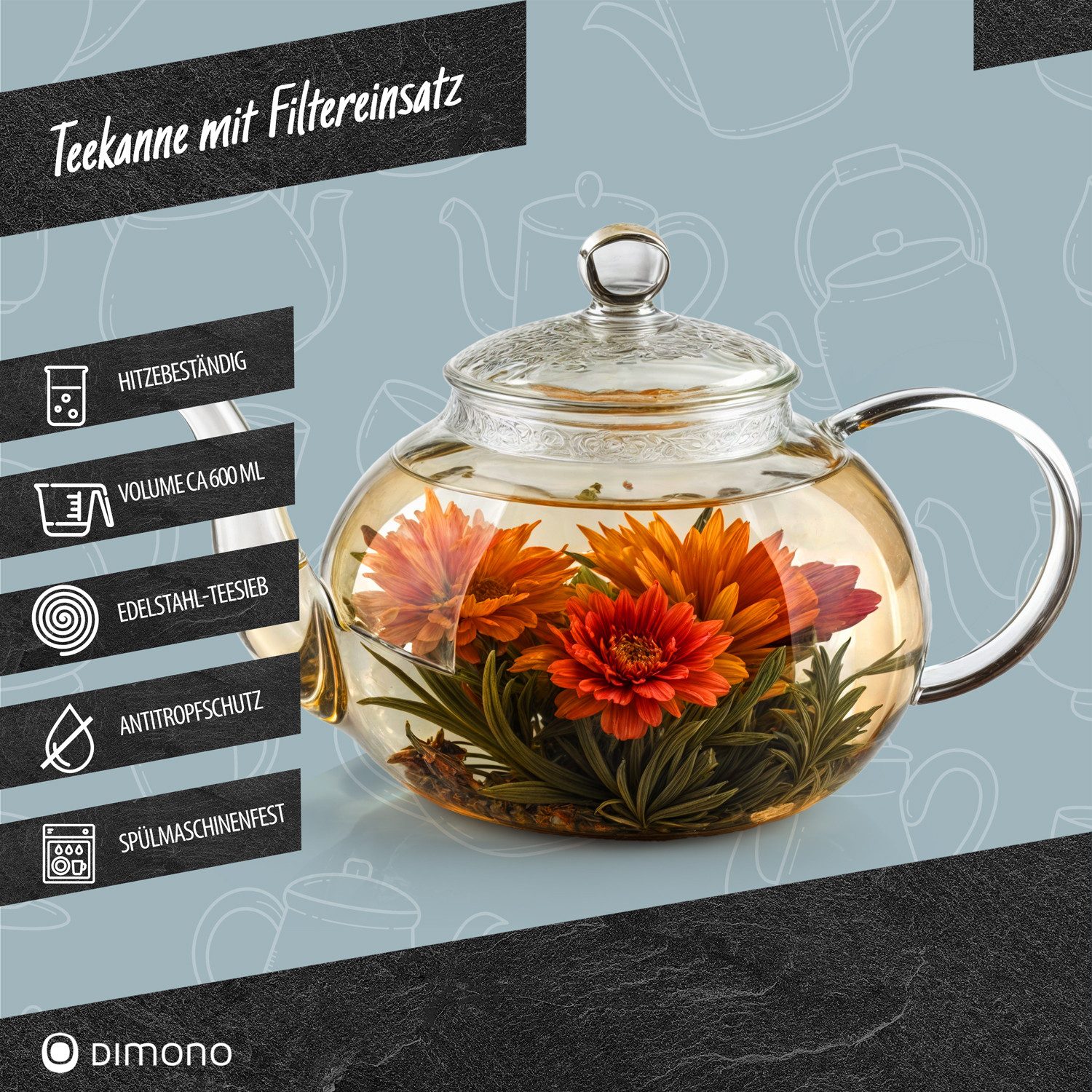 Dimono Teekanne DIMONO Mundgeblasene Teekanne mit Teefilter & Teesieb, 0.6 l, Glas-Kanne mit Filtereinsatz