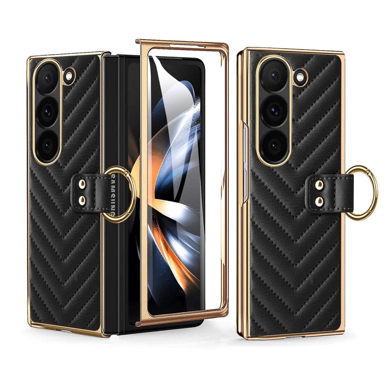 Wigento Handyhülle Für Samsung Galaxy Z Fold6 Dream Series Ring Kunstleder Hülle Schwarz, Stoßfest, Metallring, stilvoll