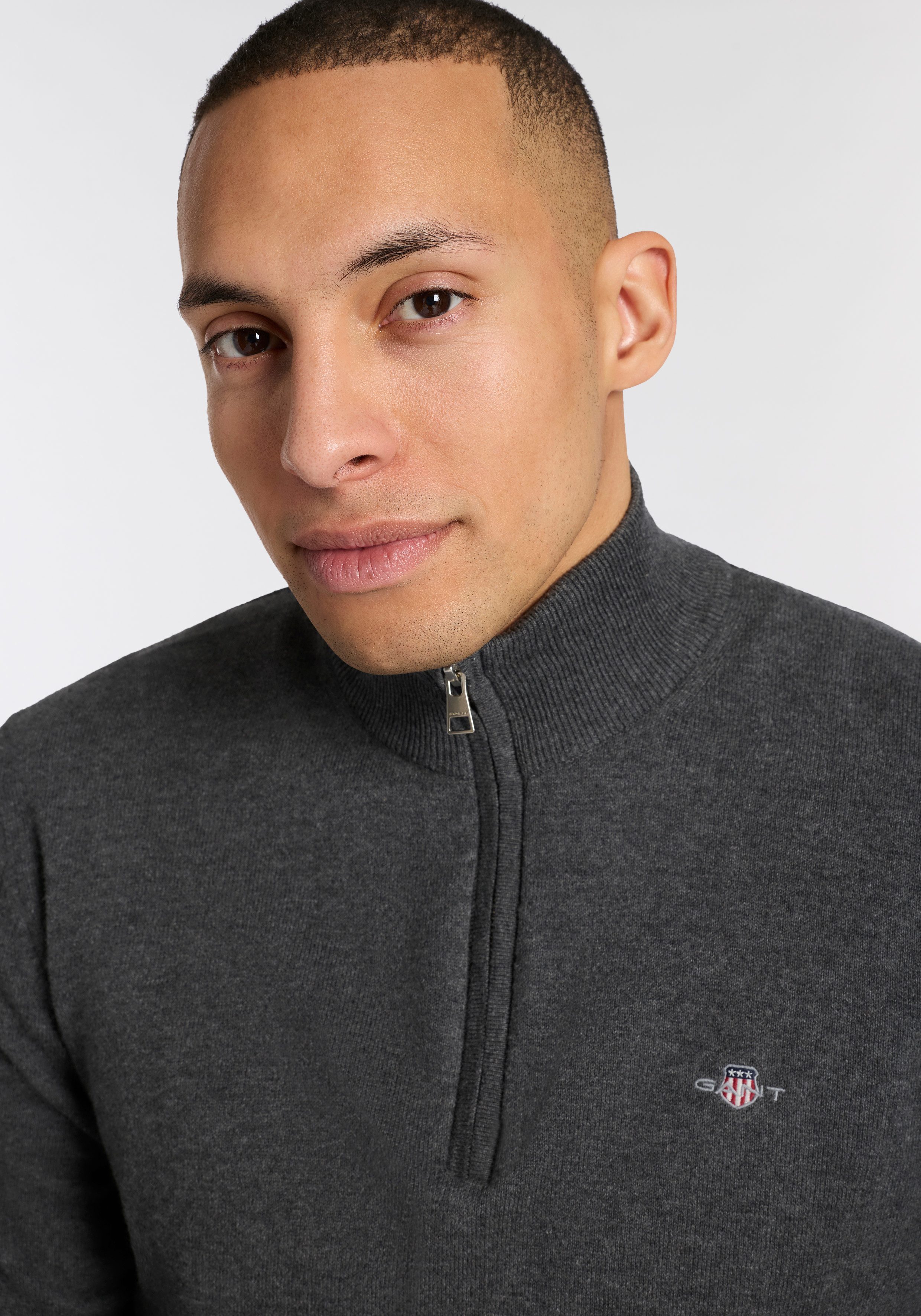 Gant Stehkragenpullover COTTON/WOLL HALF ZIP mit Rippstrick-Details, normale Passform
