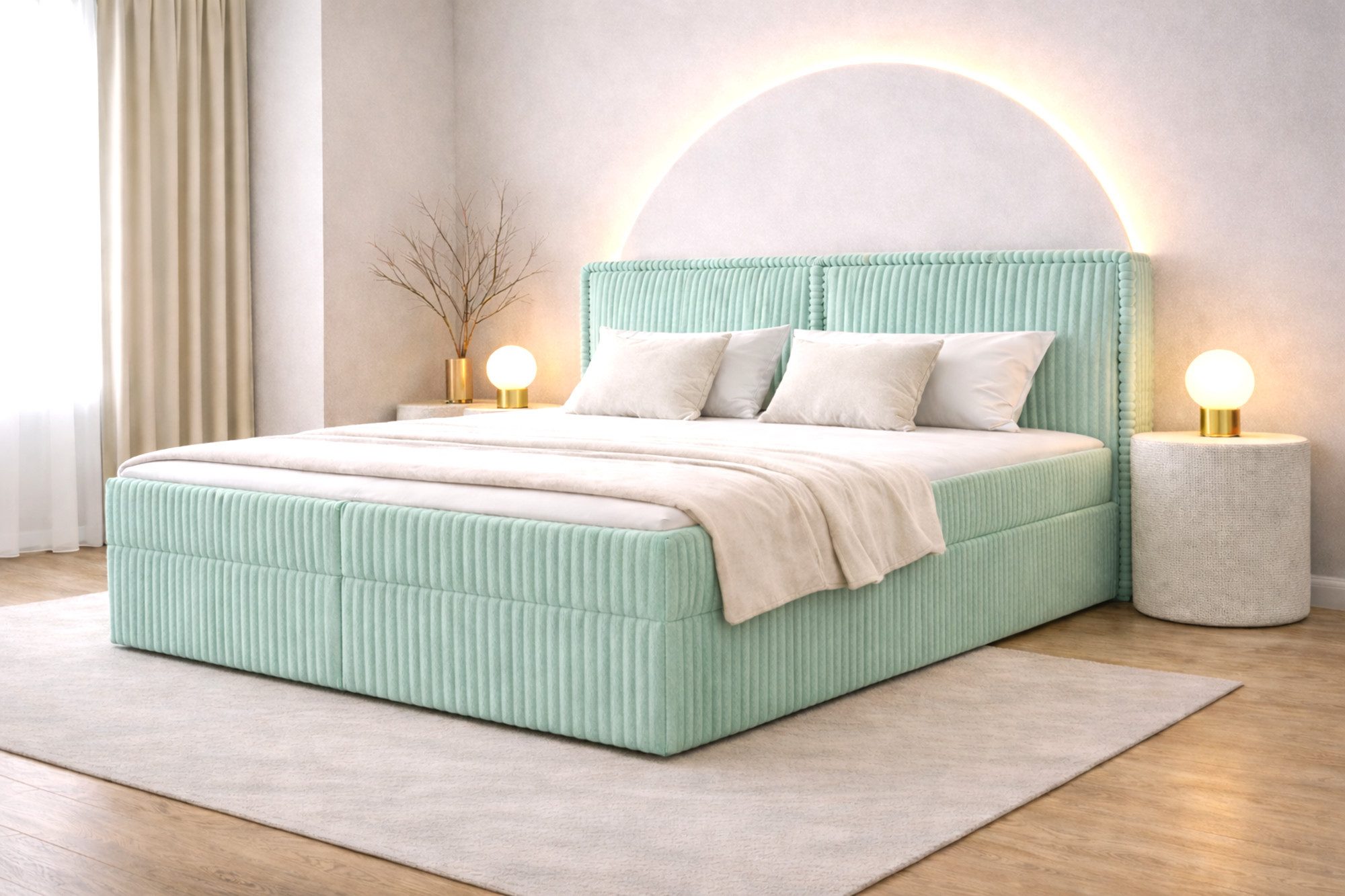 MOEBLO Boxbett Bett 04 (Bonnell + Topper, Doppelbett gepolstertes Kopfteil Bett mit Bettkasten, aus Cord, Polsterbett Kontinentalbett), (BxHxT):143/163/183x113x214cm