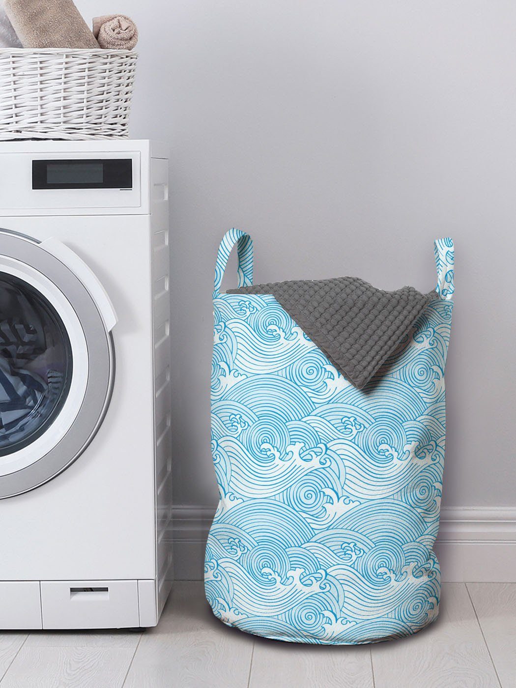 japanische Griffen Weiß Teal und Wäschesäckchen Waschsalons, mit Abakuhaus Wäschekorb für Wellen Kordelzugverschluss