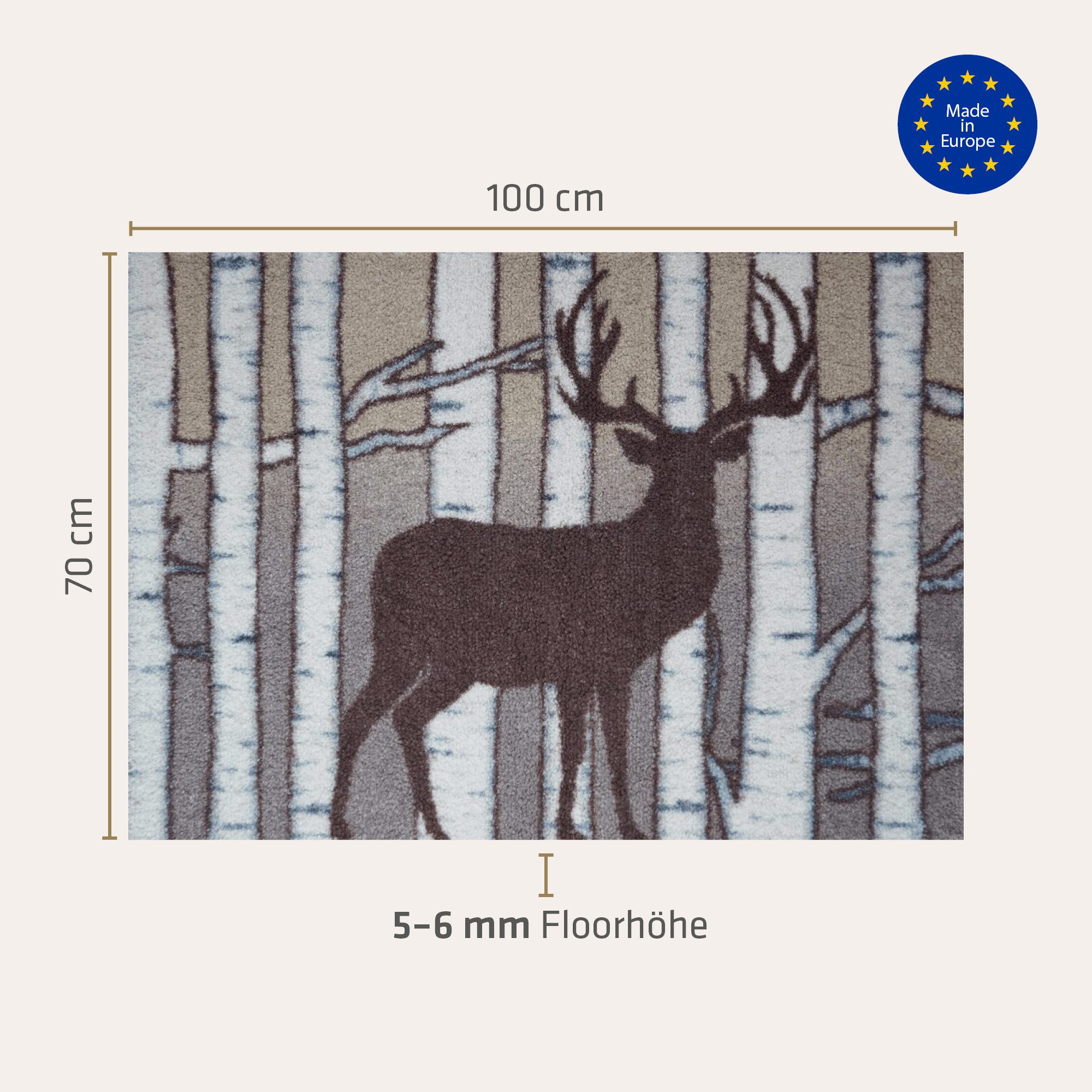 akzente Fußmatte Feel Birch Deer, Rechteckig, Höhe: 6 mm, 70x100 cm, Polyester, Latex, rutschfest, saugfähig, Schmutzfänger