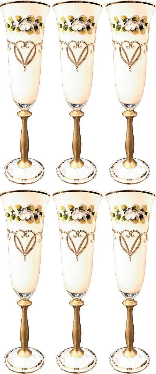 Champagnerglas Luxus Jugendstil Champagnerglas 6er Set Weiß / Mehrfarbig / Gold - Handgefertigte und handgravierte Champagnergläser mit 24 Karat Vergoldung - Hotel & Restaurant Accessoires