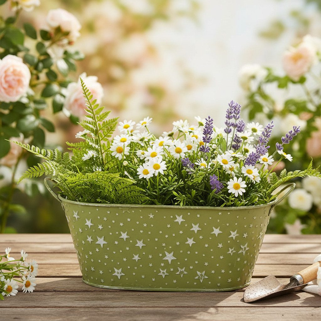 Florists Products Übertopf Grüne Metallschale Oval mit Sternen und Griffen 31×16cm H12,5cm