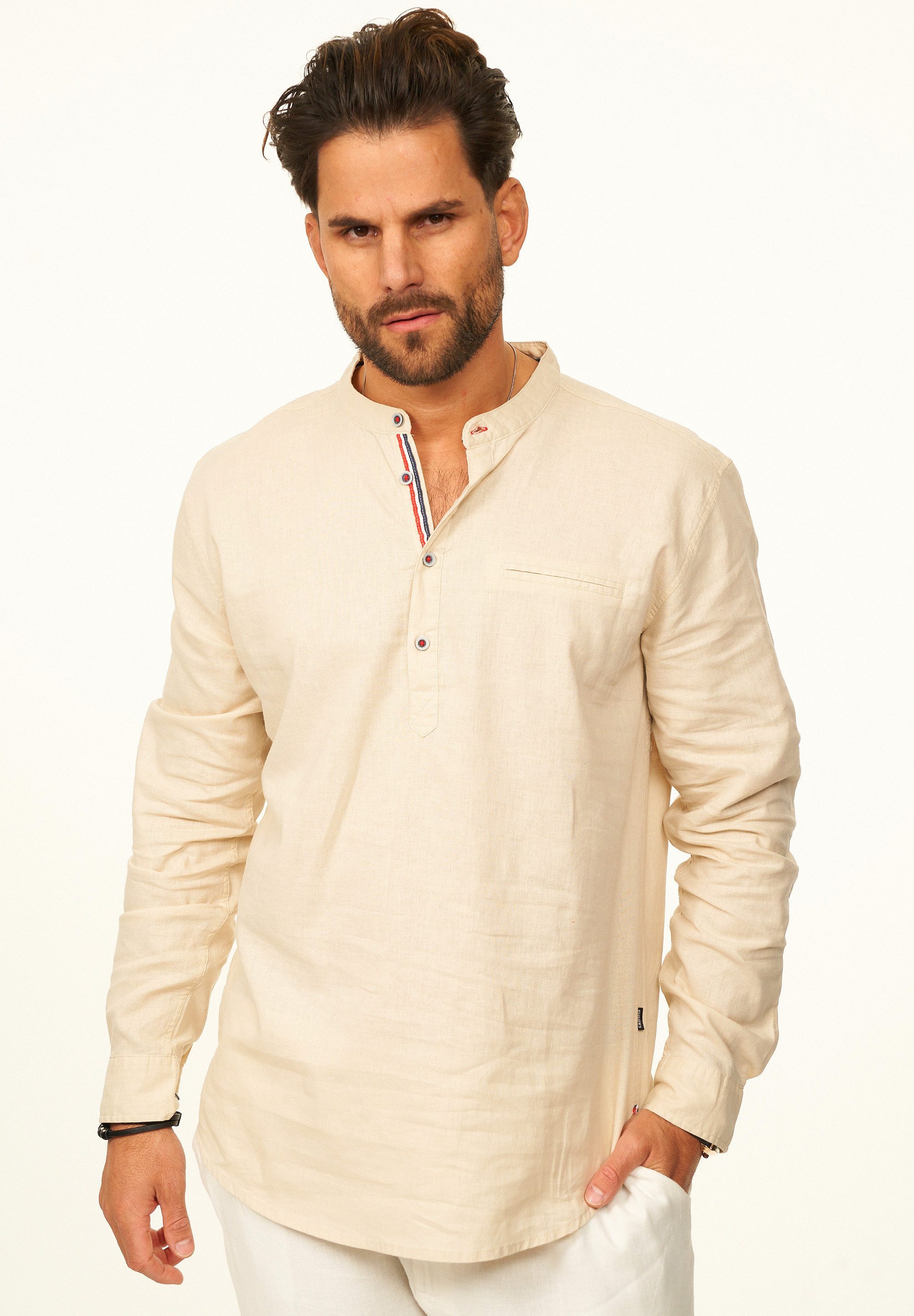 behype Langarmhemd aus Leinen im Regular-Fit Tunikahmed Herren Leinenhemd Freizeithemd mit Stehkragen als Sommerhemd