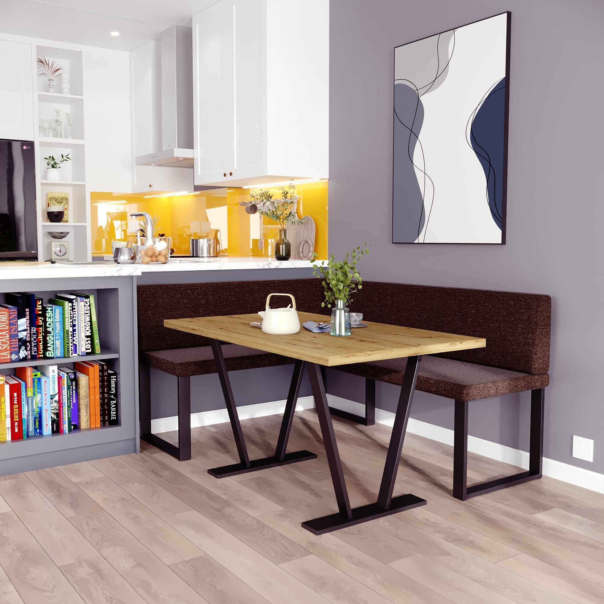 sofa4you Eckbankgruppe Alina Metall mit Tisch, Moderne Sitzecke perfekt für Ihr Esszimmer, Küche (128x168/142x196) braun