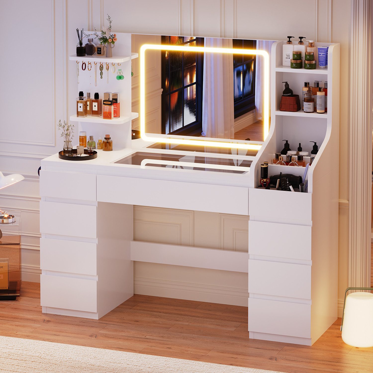 HOMALL Schminktisch Dreifarbiger, LED-beleuchteter Schminktisch Extra großer Stauraum (Maße: 135 × 40 × 137 cm, Arbeitsplatte aus gehärtetem Glas, mit 7 offenen Ablagefächern + 9 Schubladen, 2 Steckdosen + 1 USB-Anschluss + 1 Typ-C-Anschluss, Halterung für Haartrockner -ostern geschenke)