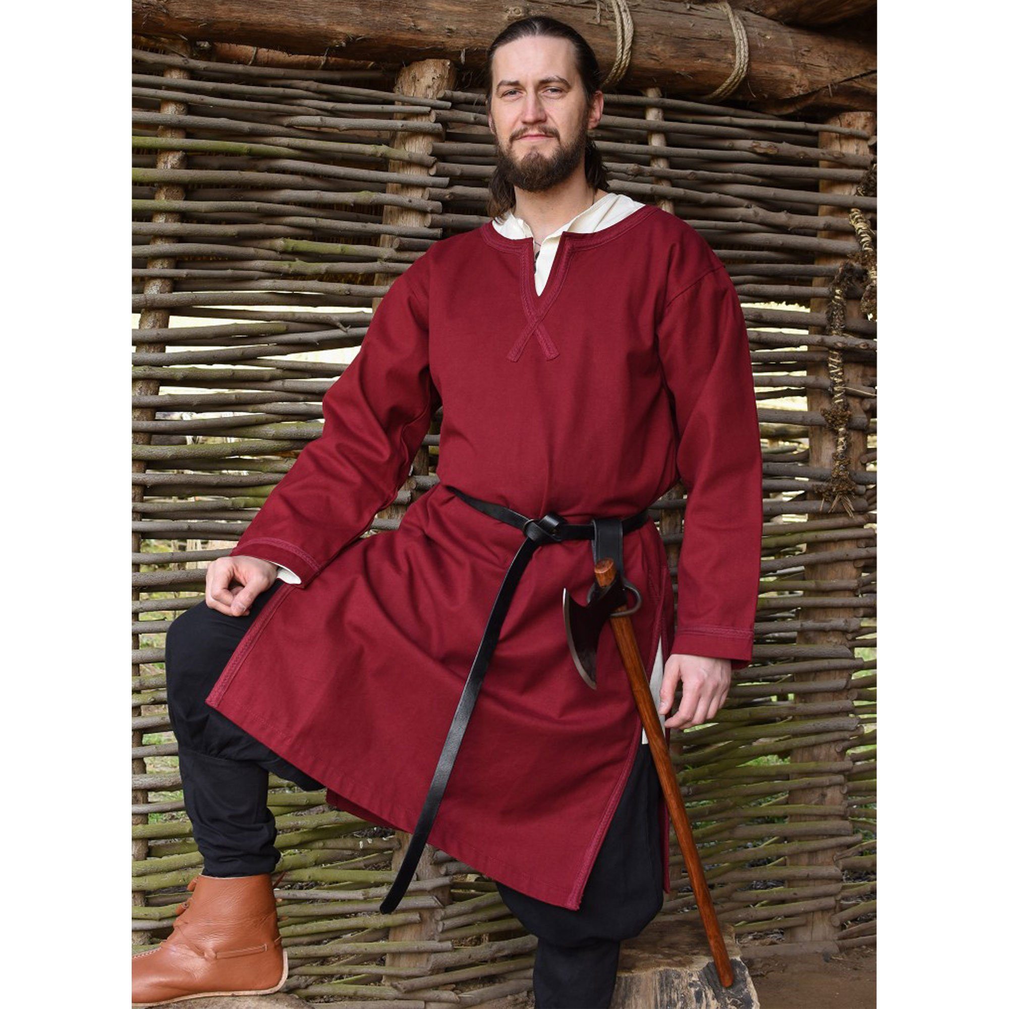 Wikinger-Kostüm Mittelalter Tunika Albrecht mit Borte, aus Baumwolle, weinrot