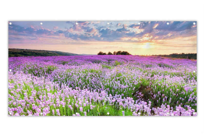 MuchoWow Balkonsichtschutz Blumen - Lavendel - Lila - Himmel - Sonnenuntergang - Wiese - Natur (1-St) Balkonbanner, Sichtschutz für den Balkon, Robustes und wetterfest