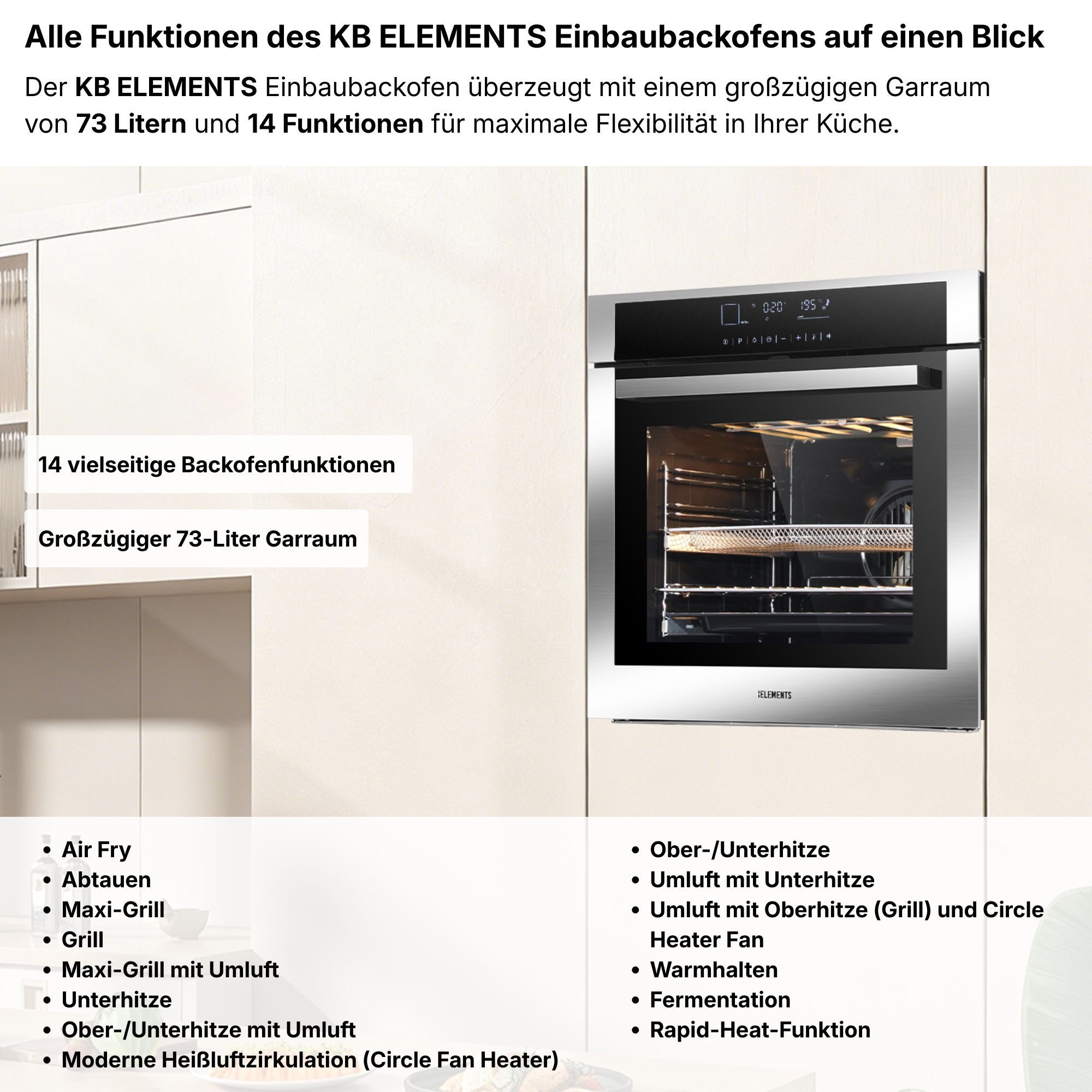 KB Elements Elektro-Herd-Set Einbaubackofen 60 cm mit 5-Zonen Glaskeramik Kochfeld 77 cm, mit 2-fach-Teleskopauszug, AQUA CLEAN, Einbaubackofen Full Touch mit 15 Funktionen, Air Fry Funktion