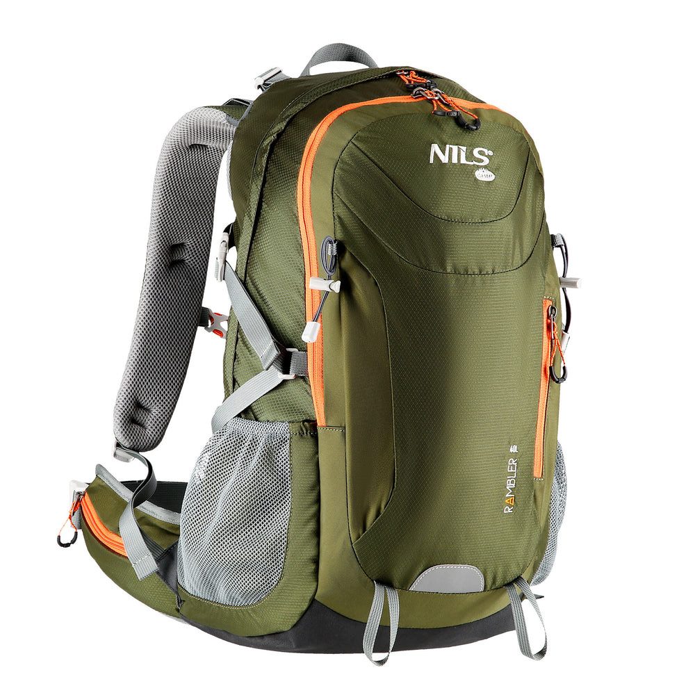 NILS CAMP Trekkingrucksack Wanderrucksack Tourenrucksack Gebirgsrucksack (Spar-Set, 1-tlg., 54 x 32 x 18 cm), 40 l, Stahlgestell, Regenhülle, 6 RV-Taschen
