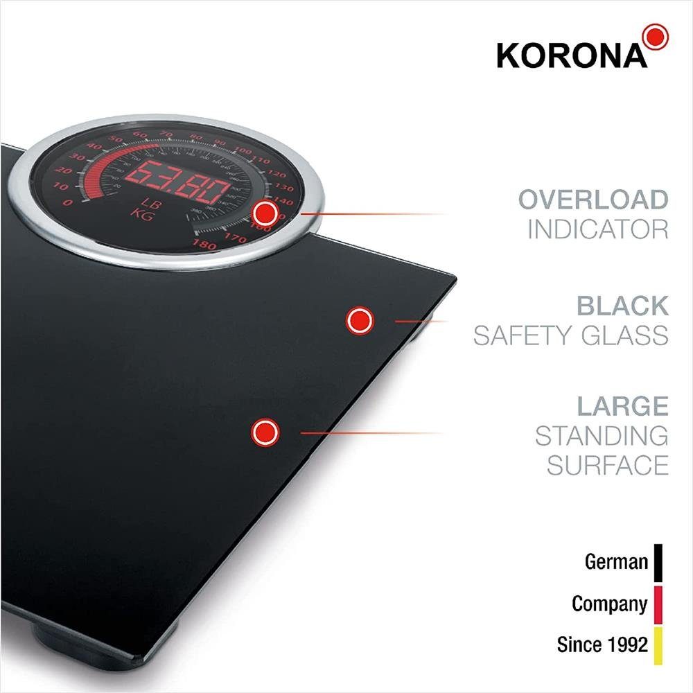 KORONA Personenwaage CORA mit rotem XXL analog / digital Display Retro Design schwarz, Glaswaage 180 kg große Anzeige rot beleuchtet Vintage-Design