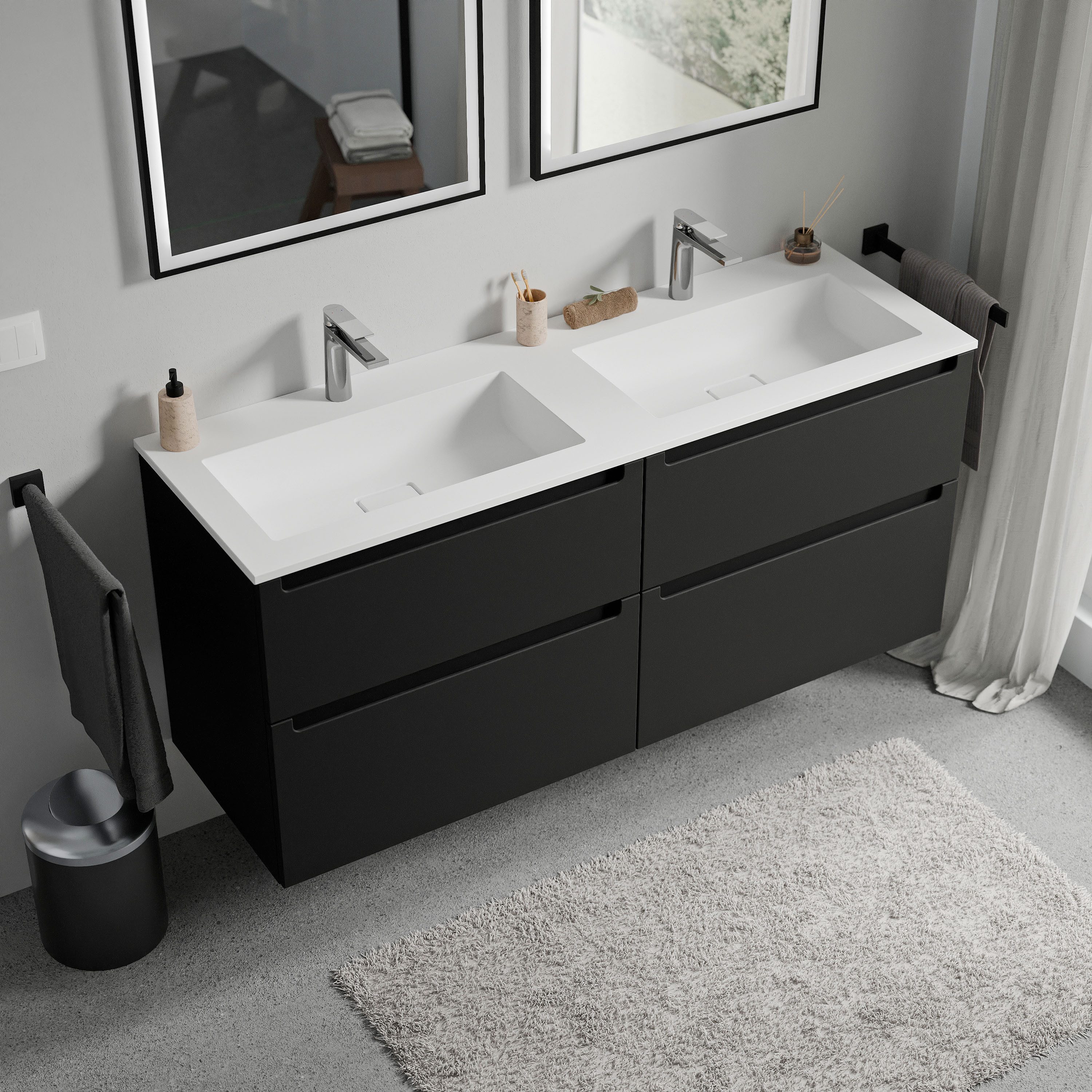 Bernstein Waschbeckenunterschrank VIREO 140cm Schwarz matt BRUXELLES Weiß matt Waschtischunterschrank mit Doppelwaschbecken 4 Schubladen