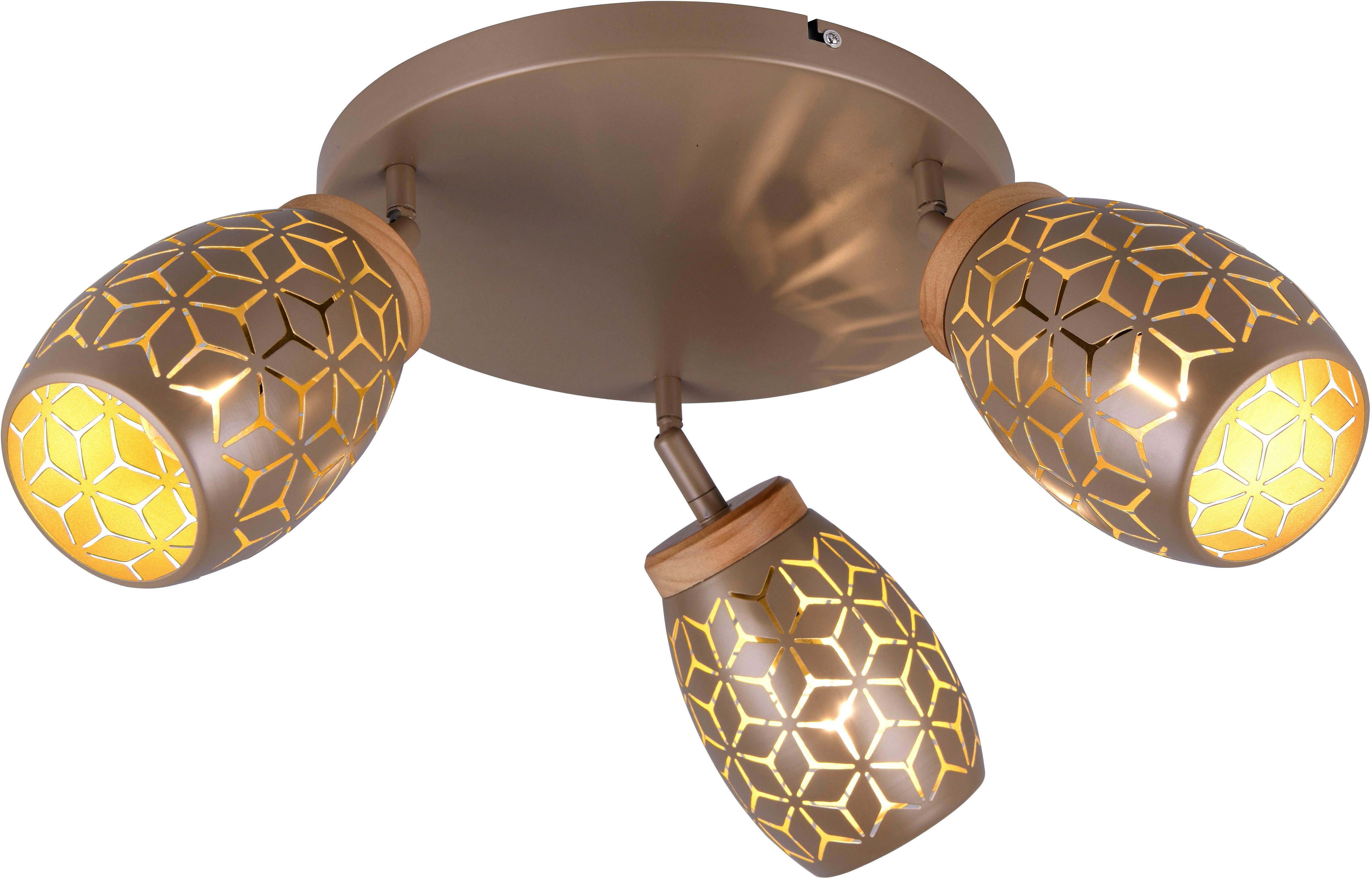 Reality Leuchten Deckenleuchte BIDAR, Deckenlampe mit 3 schwenkbaren Spots, exkl 3x E14 max 10W, Leuchtmittel wechselbar, warmweiß - kaltweiß, Metall-Lampenschirm mit Lasercut Muster und Holz-Dekoelement Ø 58cm