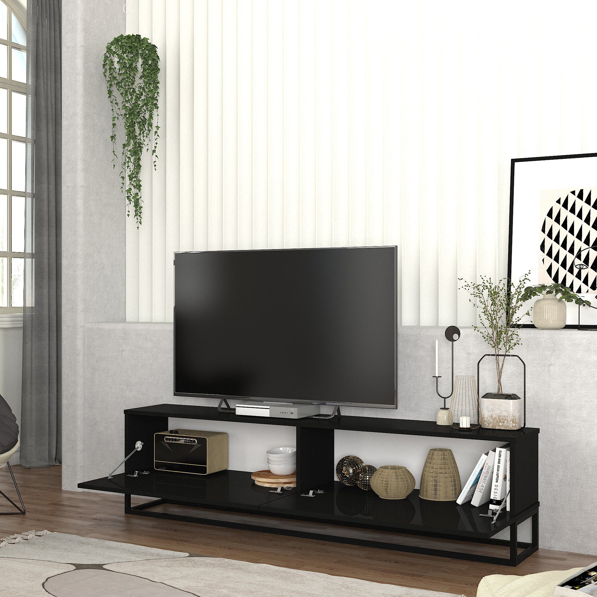 en.casa TV-Schrank »Nolven« langes Gestell 180 x 32 x 47 cm Schwarz günstig online kaufen