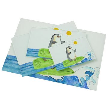Mr. & Mrs. Panda Servierbrett Pinguin Surfer - Weiß - Geschenk, Portugal, surfen, Wellen reiten, Sc, Premium Glas, (1-St)