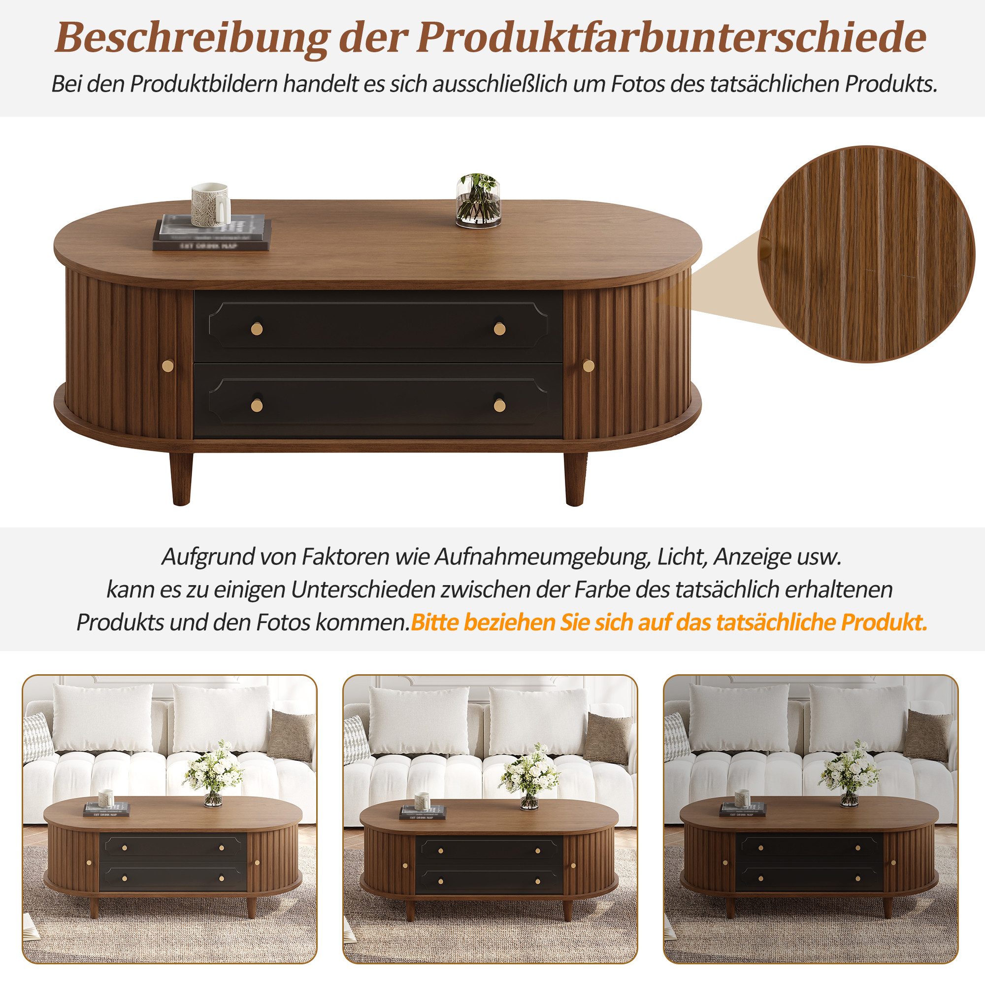 Merax Couchtisch Sofatisch Retro Beistelltisch in Walnussholzoptik (1-St), Wohnzimmertisch mit Rolltüren, 2 Schubladen & Stauraum, 100x50x36cm