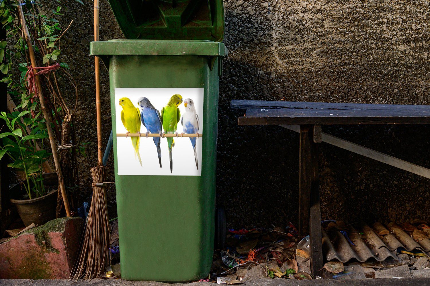 Mülltonne, einem St), Container, Mülleimer-aufkleber, MuchoWow Sittichen Abfalbehälter von (1 Stock auf Gruppe Wandsticker Sticker,