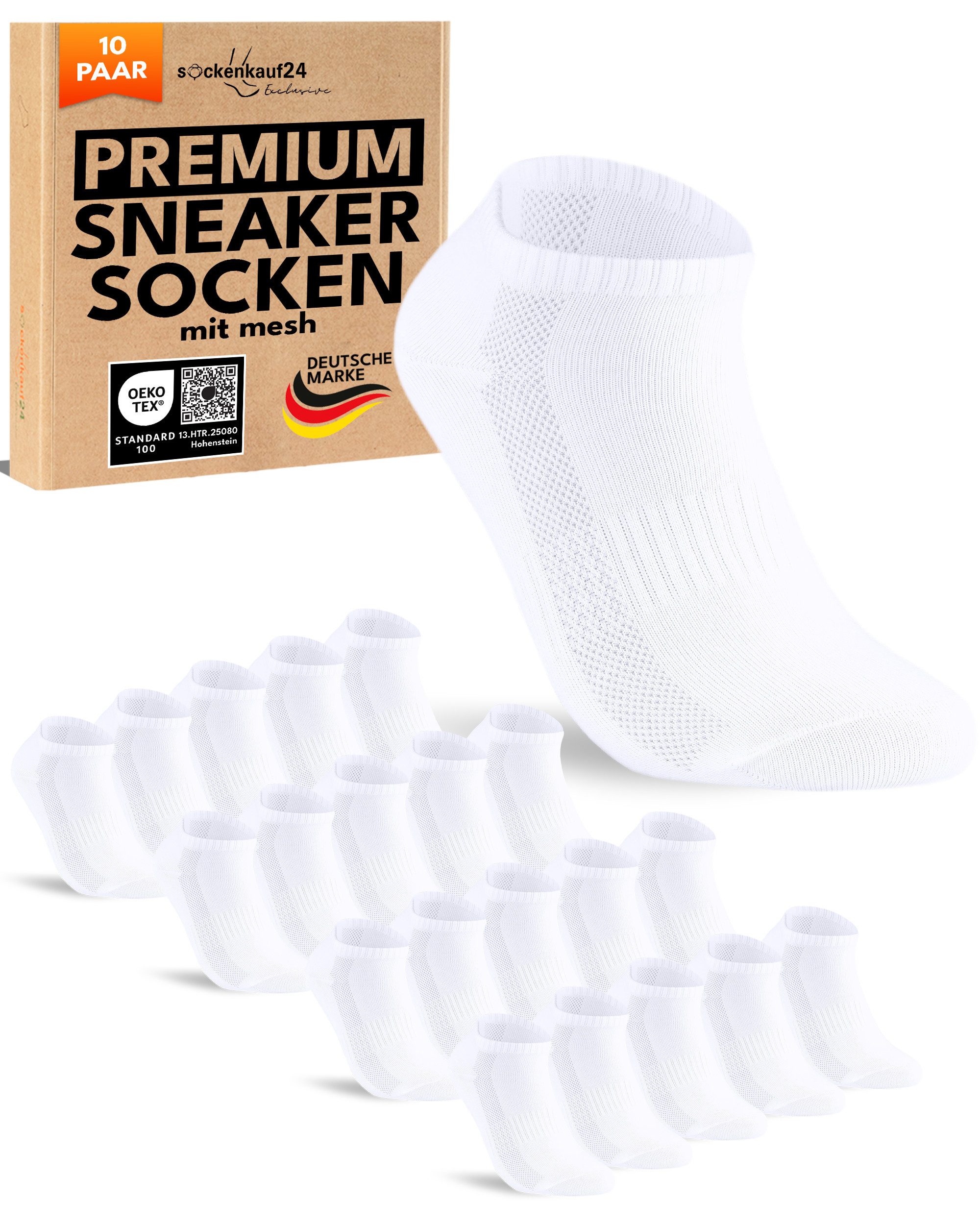 sockenkauf24 Sneakersocken 10 Paar Sneaker Socken Herren Damen Sportsocken Baumwolle (30-Paar) Atmungsaktiv mit Mesh-Streifen