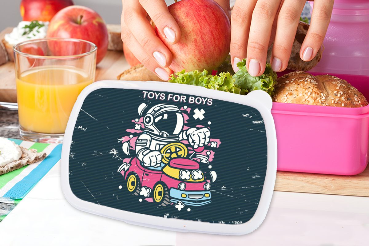 Brotbox Brotdose - (2-tlg), MuchoWow für - Snackbox, rosa Jahrgang Auto, Kunststoff, Mädchen, Astronaut Lunchbox Erwachsene, Kinder, Kunststoff