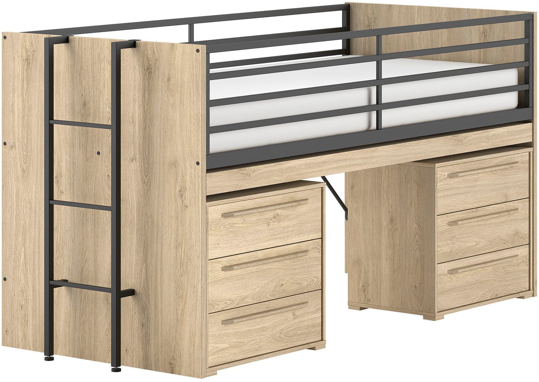 Vipack Stauraumbett Sam, schlafen und arbeiten in einem, wahlweise Eiche- oder Weiß-Dekor (Liegefläche 90x200 cm, darunter eine große ausziehbare Schreibplatte), mit Absturzschutz, Leiter u. Stauraum, pflegeleichte Dekor Oberfläche