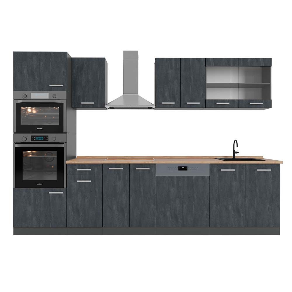 Vicco Küchenzeile R-Line, Schwarz Beton/Anthrazit, 300 cm AP Eiche