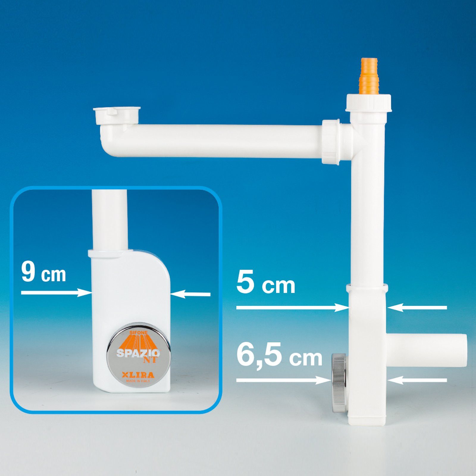 SO-TECH® Siphon Raumsparsiphon 32 - 40 mm Ablaufgarnitur f. Küche und Bad, Raumspar-Siphon weiß mit Reinigungsöffnung & Geräteanschluss
