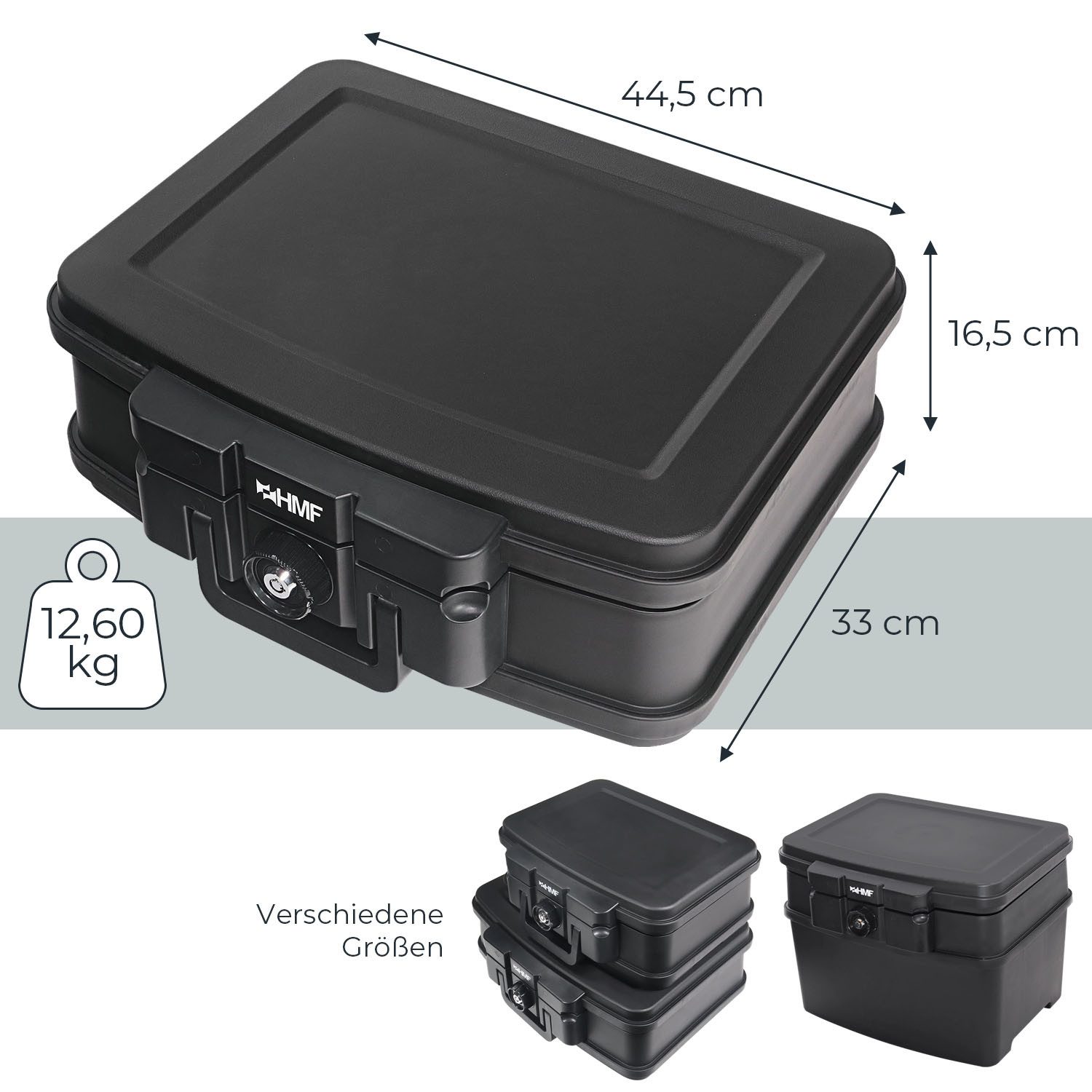 HMF Geldkassette Feuerfeste und wasserdichte Dokumentenkassette, Tresor zum Schutz von Wertsachen, 44,5x16,5x33 cm, DIN A4, schwarz – Bild 5 von 5