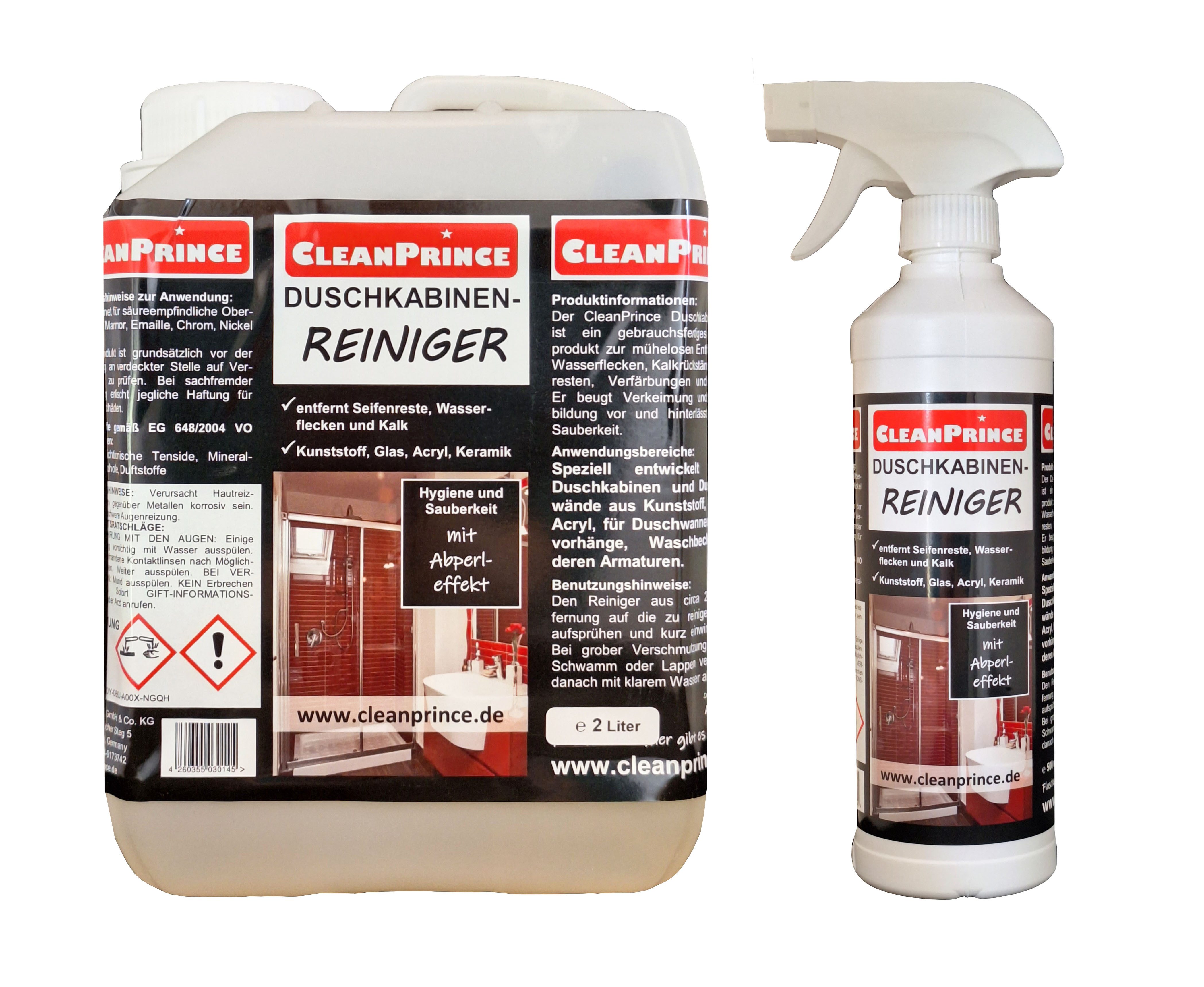CleanPrince Duschkabinenreiniger, gegen Wasserflecken & Kalkrückstände Duschkabinenreiniger (für Duschen aus Kunststoff, Glas, Acryl und Armaturen)