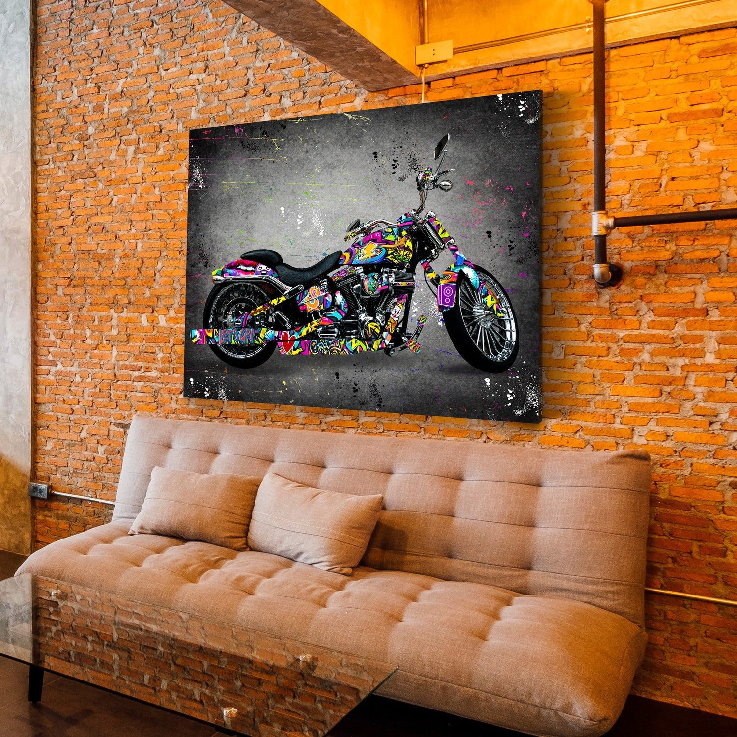 Artedinoi Leinwandbild Motorrad Chopper Street Art Wandbild Leinwandbild XXL Deko, Motorrad im Graffiti-Look