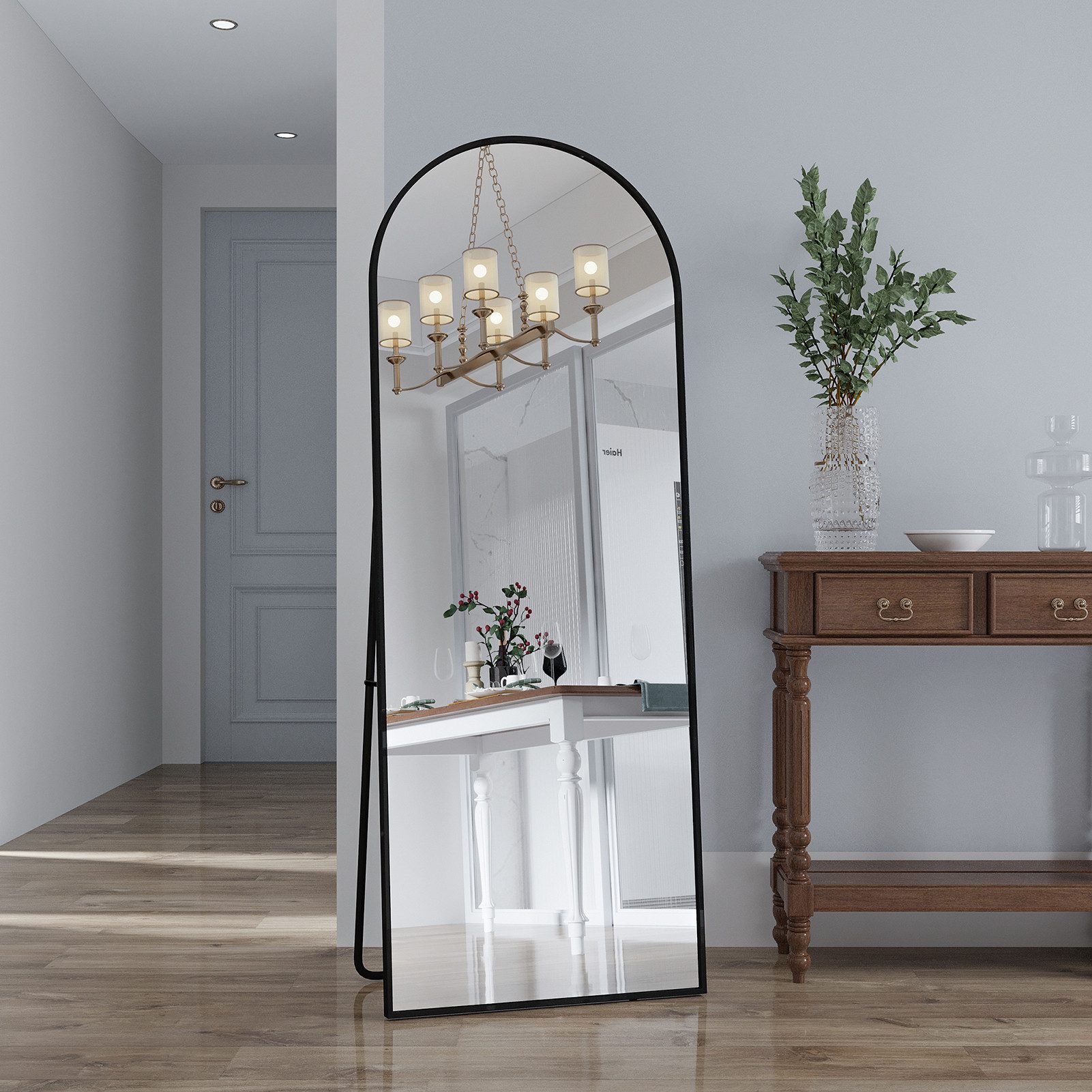 FUROKOY Ganzkörperspiegel Standspiegel Wandspiegel Groß Wand Ganzkörper (Großer Spiegel Bogen Bodenspiegel mit Rahmen, 162x53cm, Schwarz), Aluminiumrahmen, für Schlafzimmer, Wohnzimmer, Badezimmer