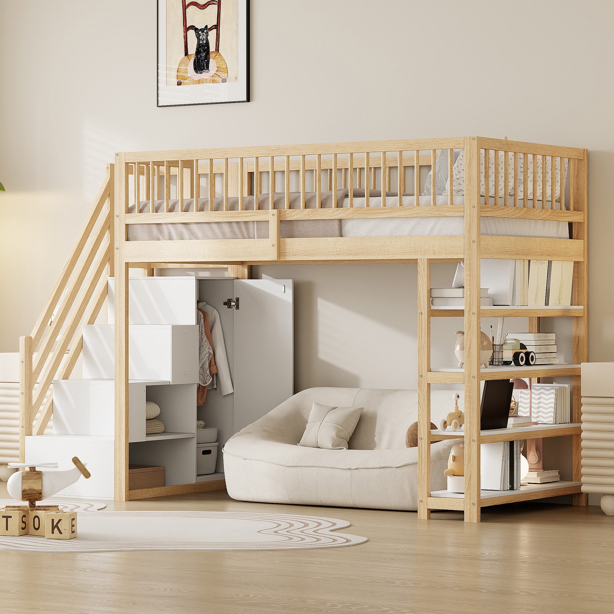 Merax Hochbett (Jugendbett Einzelbett Etagenbett, 1-St) Kieferholz Kinderbett 90x200cm mit Kleiderschrank Regal Stauraumtreppe
