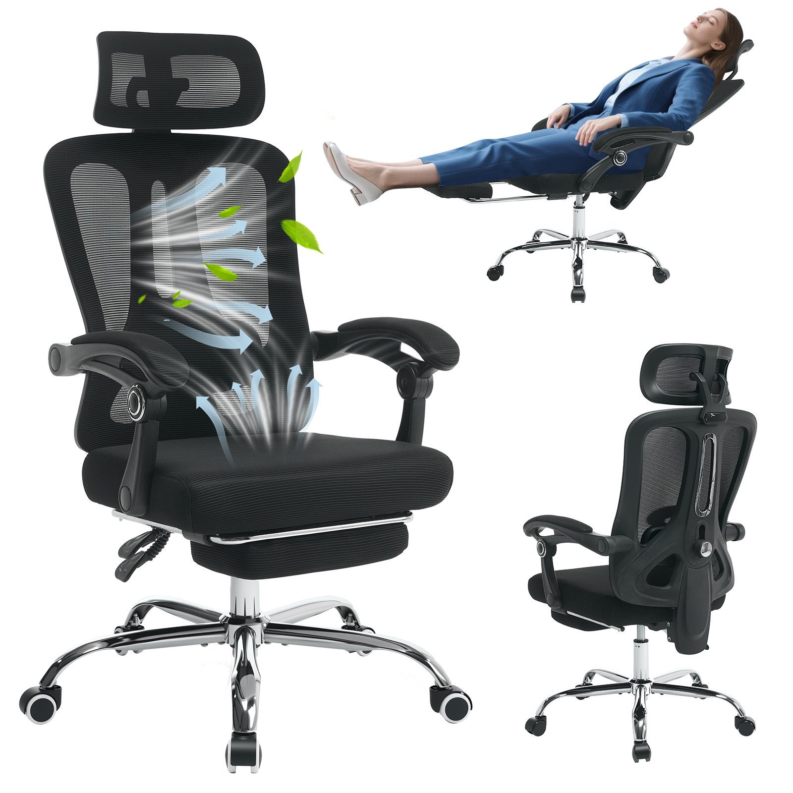 GarveeMore Bürostuhl mit Netzstoff, verstellbarer Kopf- und Lendenstütze, 159 kg Traglast, 135° Neigung, höhenverstellbar, ausziehbares Fußteil, 360° schwenkbar