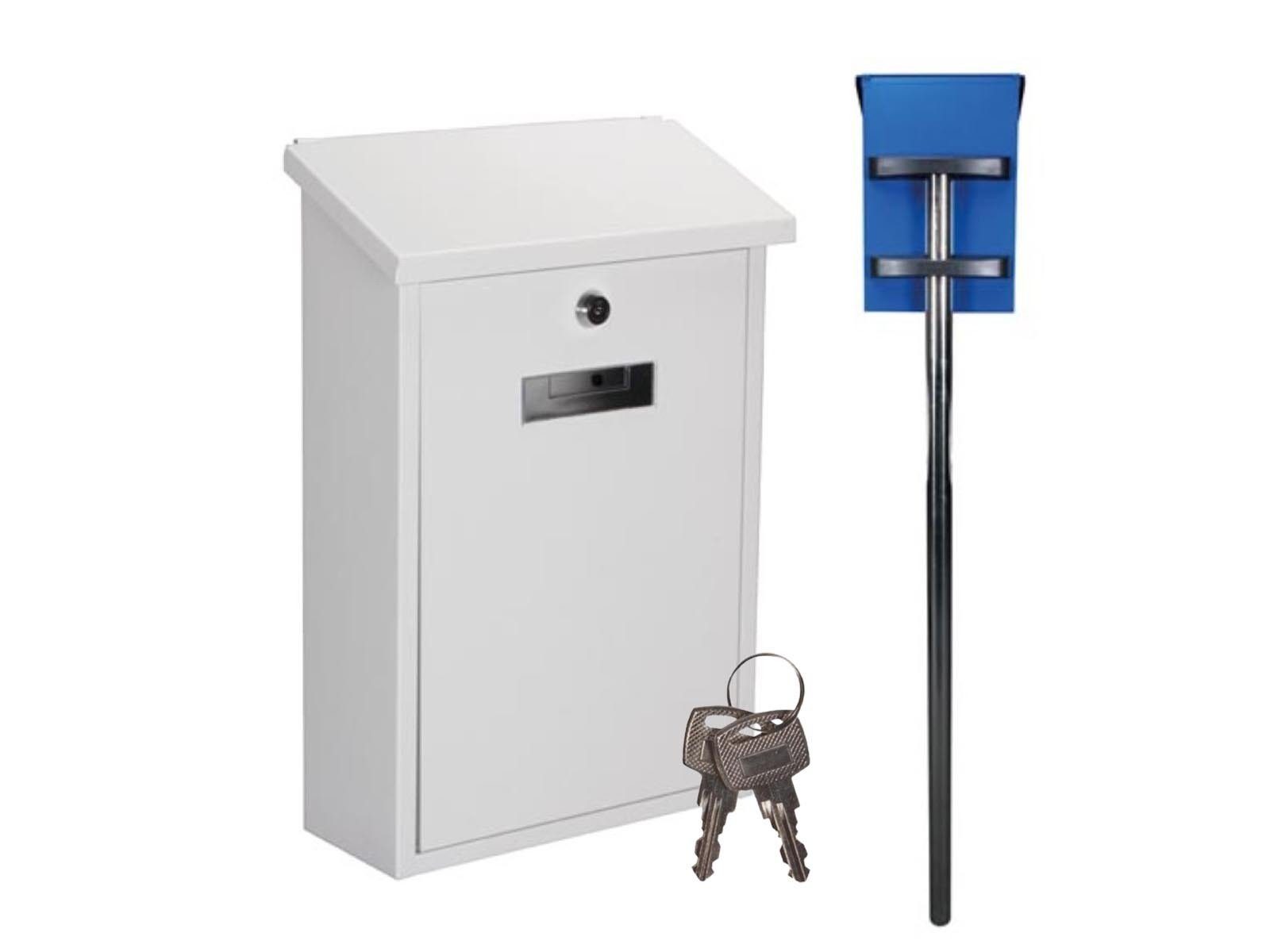 PEREL Standbriefkasten, groß mit Standfuß für Postkasten Stahl in Weiß, Schloß & 2 Schlüssel