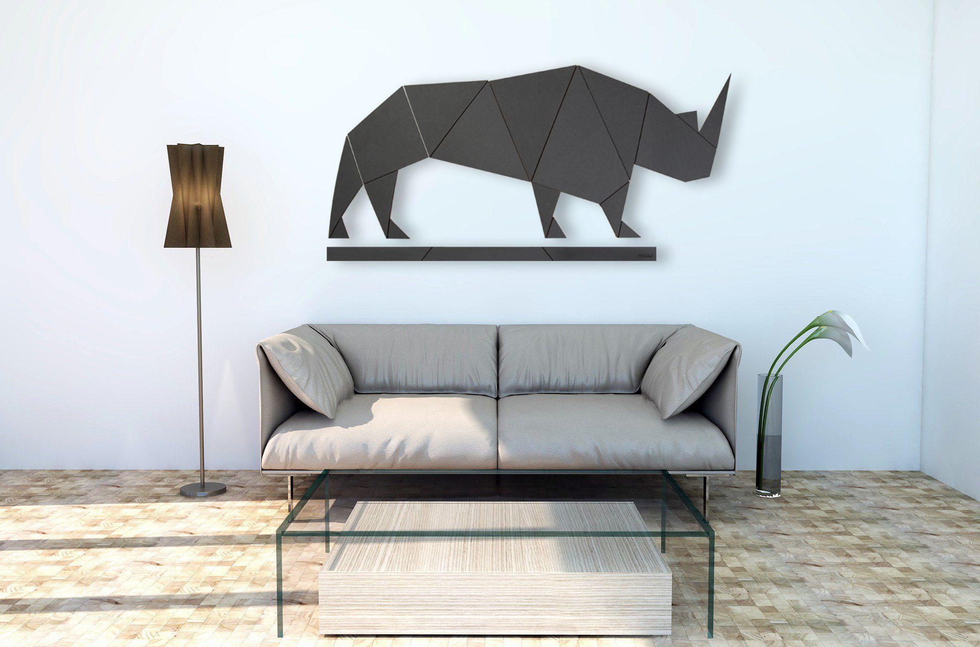 SIBAL Design.Home Wanddekoobjekt Low Poly (1,80m Klebepads incl. Silhouette 16-teilig), lang) (Set, "Nashorn"