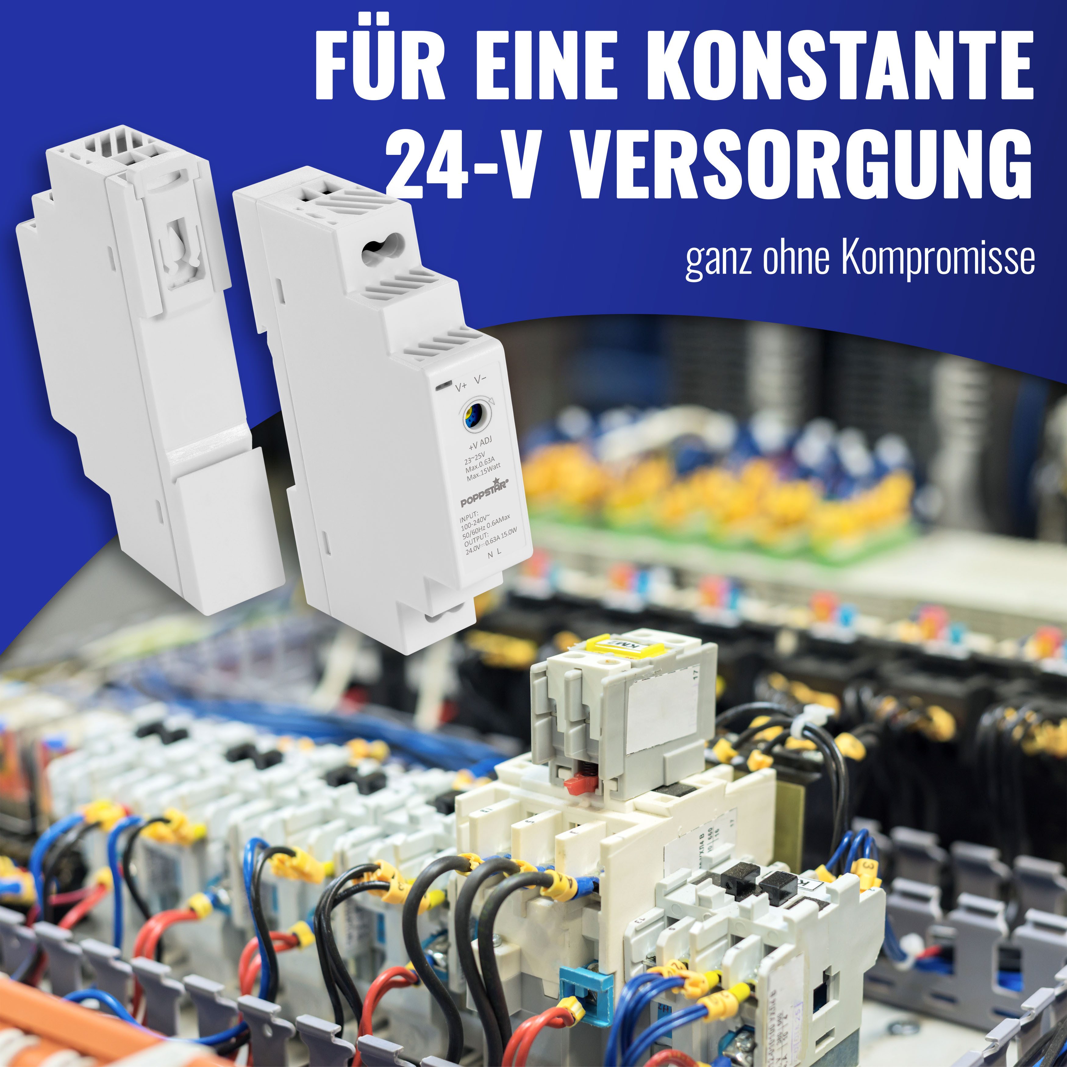 Poppstar DIN Rail Netzteil 24V 15 Watt Hutschienen-Netzteil (Klingeltrafo mit Input 100-240V AC, Output 24 V DC 0,63 A 15W)