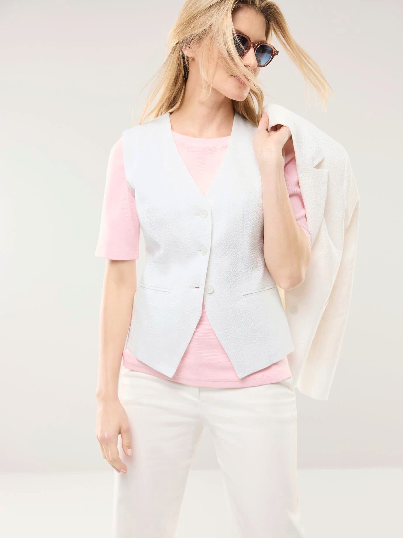 Walbusch Jerseyweste Damen Seersucker Weste V-Ausschnitt pflegeleicht Atmungsaktiv mit Baumwollfutter, elastisch, 3-Knopf, 2 Paspeltaschen