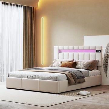 PHOEBE CAT Polsterbett (140x200 cm Doppelbett, mit LED Beleuchtung, Bluetooth-Player und USB-Aufladung), hydraulisches Bett Funktionsbett inkl. Bettkasten und Lattenrost, Samt