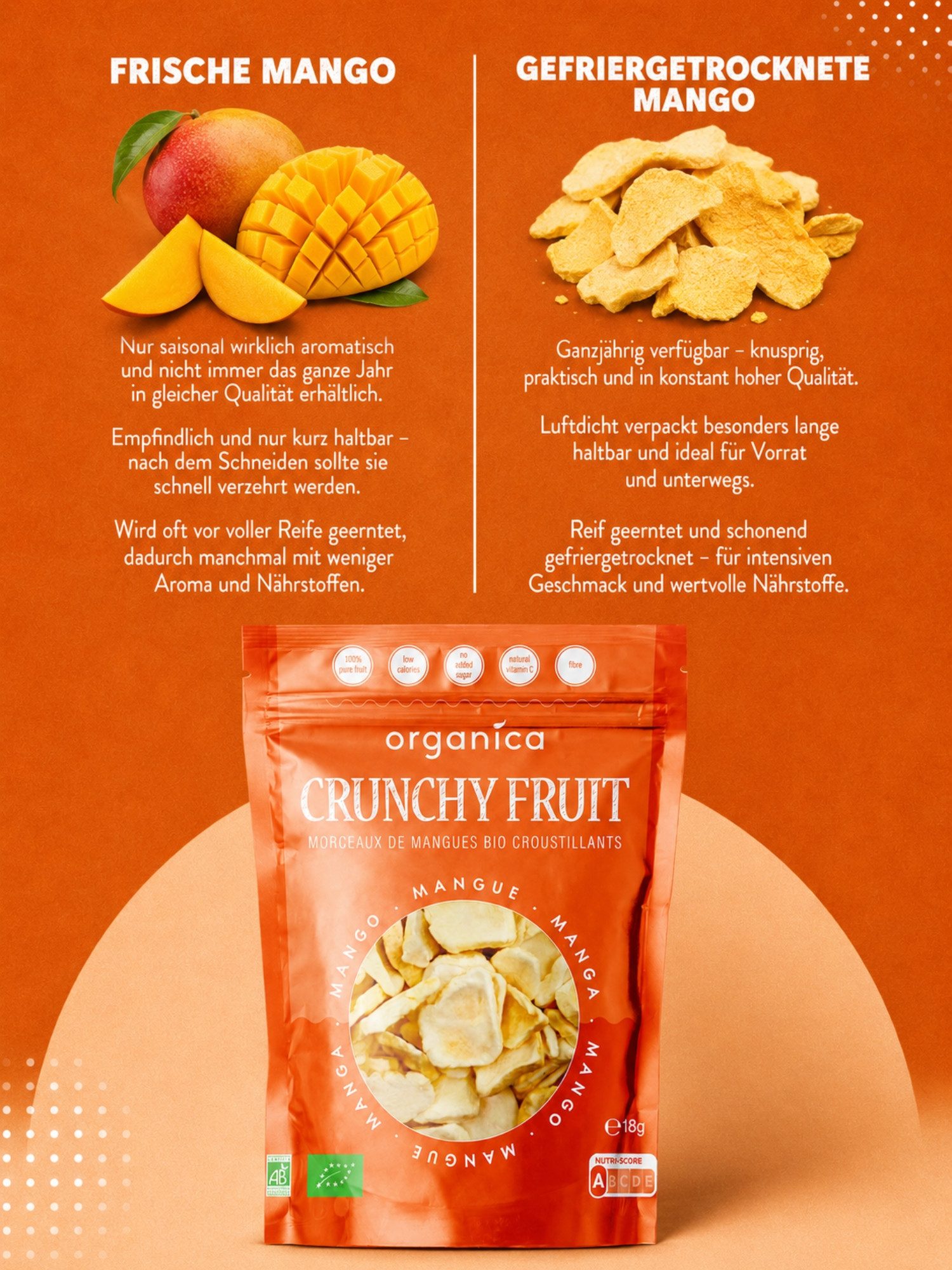 Organica Trockenfrüchte Bio-Mango gefriergetrocknet knuspriger Fruchtsnack, 1 x (Single Pack(18g), Bio-zertifiziert, 100 % Frucht, Ohne Zuckerzusatz, Nutri-Scor – Bild 4 von 5